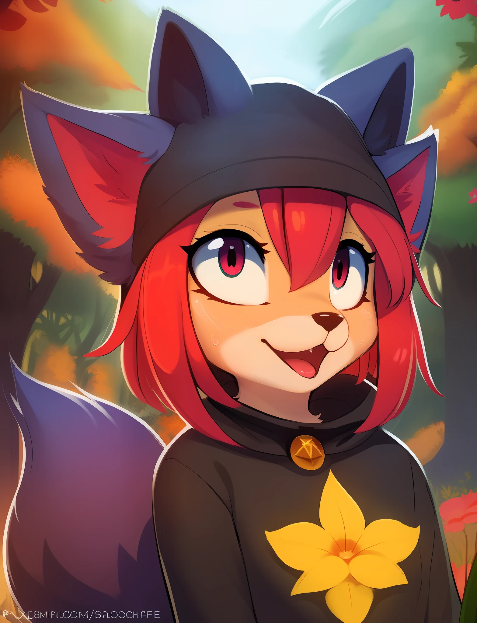 araffe with red hair and a furry tail in the woods, very very beautiful furry art, dramatic cinematic detailed fur, furry art, furry fantasy art, loish and wlop, anthro art, furry wolf, pov furry art, furry art!!!, kemono, 🌺 cgsociety, furry mawshot art, loish |, zorua pokemon, detailed fanart, (Blowjob:1.3)