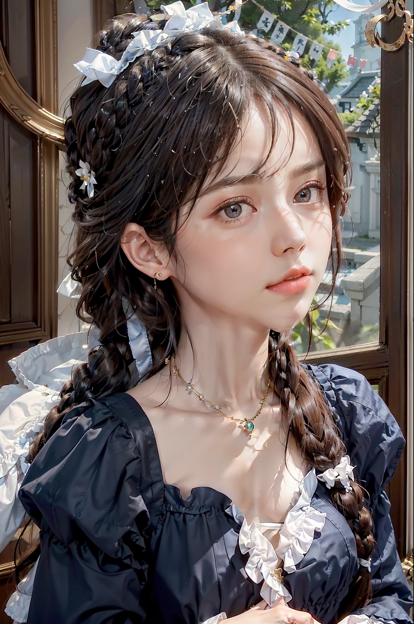Best quality, super high resolution, photo reproduction, photo of a beautiful woman, bust photo, hand touching hair, pout, 20yo teenage age, detailed face, black Dutch braid with twist, (detailed porcelain doll, delicate clothes with lots of frills and ribbons), (face close-up), seductive appearance, looking at the viewer,