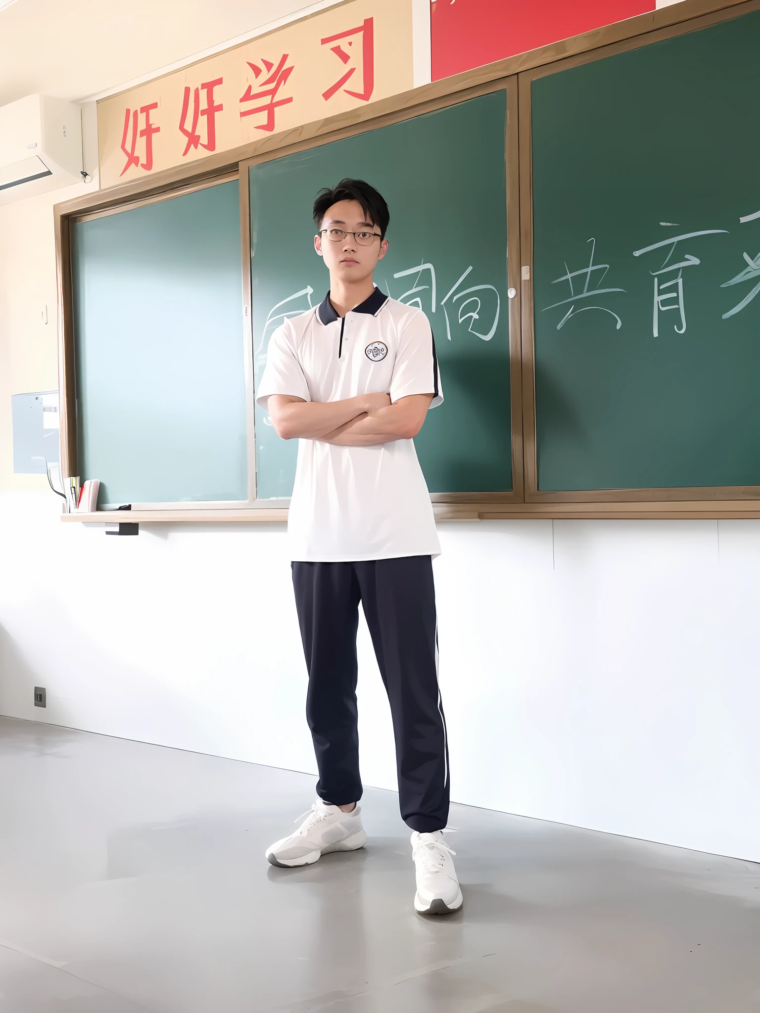 there is a man standing in front of a blackboard in a classroom, standing in class, student, full body picture, jinyiwei, li zixin, wearing track and field suit, xintong chen, nanquan, wearing a school soccer uniform, inspired by Zhang Zongcang, wearing school uniform, wenjun lin, teacher, inspired by Ding Yunpeng
