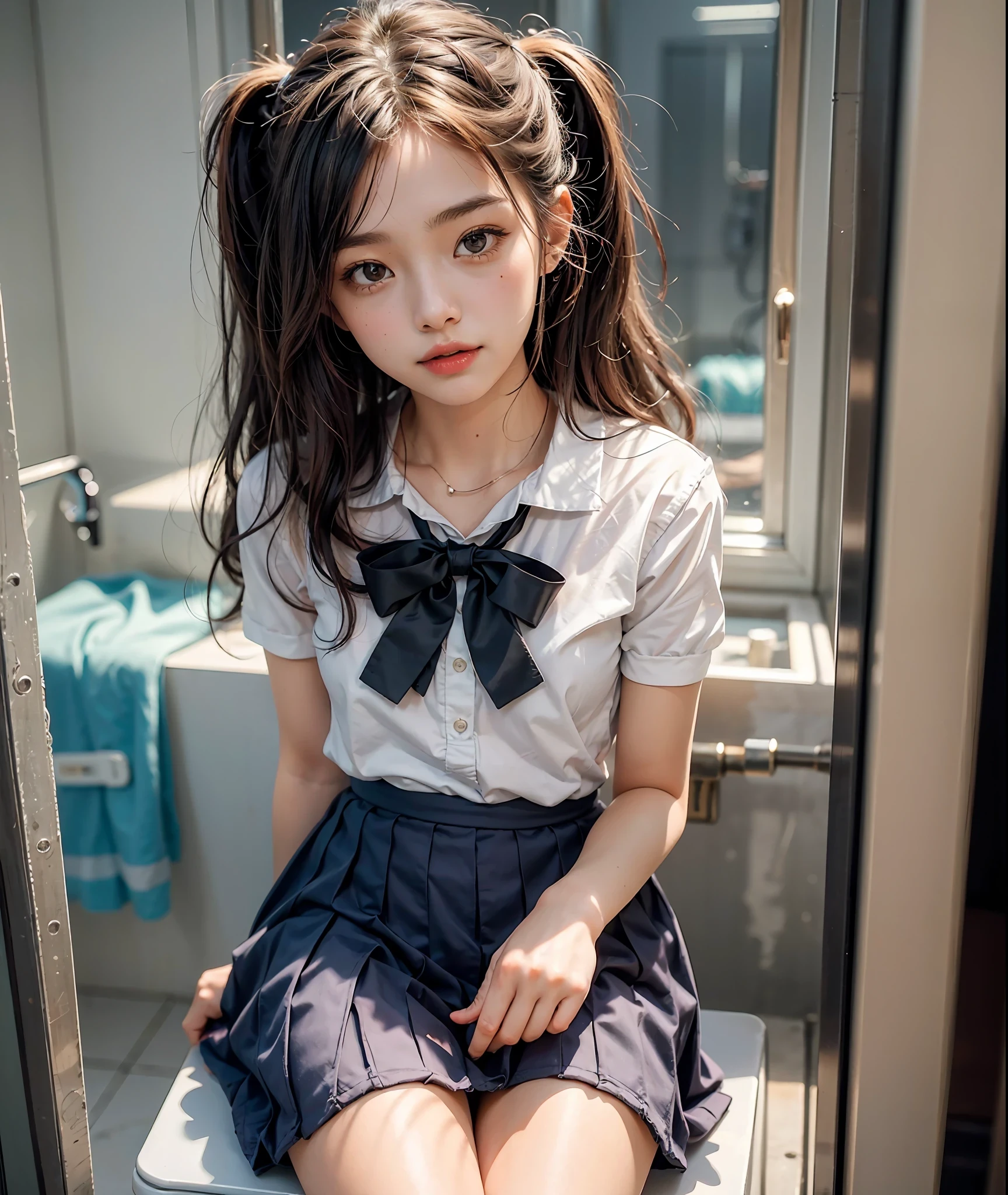 (1girl), 18-year-old woman, schoolgirl, cute and beautiful girl, (flat chest:1.1), petite, twitails
school uniform, (in simple public bathroom toilet booth), shy blush,
35mm style, analog style, masterpiece, raw, bright and vibrant, Subtlety, Bright Aesthetic, Frontlight, soft lighting, no dust in beam, cheerful lighting, vibrant colors, Subtlety, Bright Aesthetic, 'lighthearted, delightful, uplifting, joyful, cheerful, pleasant, sunny, optimistic', clear sky, sunshine, Realism, VFX, FXAA, TXAA, RTX, SSAO, Shaders, No noise, Ambient Lighting, Tone Mapping, Sunlight, high resolution, ultra HD, megapixel, 8k resolution, 8k, 8kres, 8k res, high details, intricate details, intricate and delicate, high intricate details, reasonable amount of details, normalcy, high quality, masterpiece),
