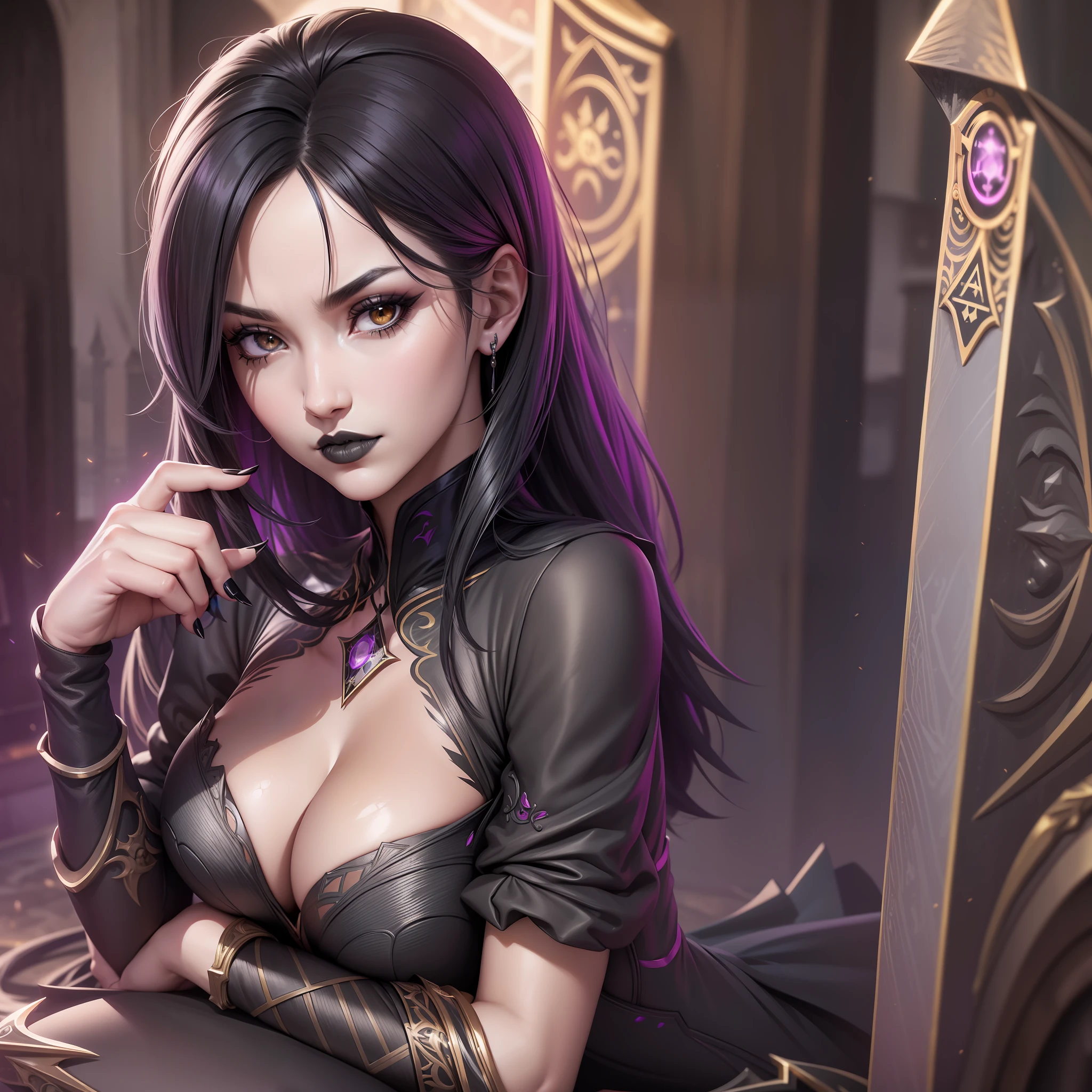 (4K), (best quality), (Best details), (ultra realistic), Kai'sa, goth girl, black lips, black long dress, black heels, black nails, holding a tarot card, castle's ballroom, golden tiarra.