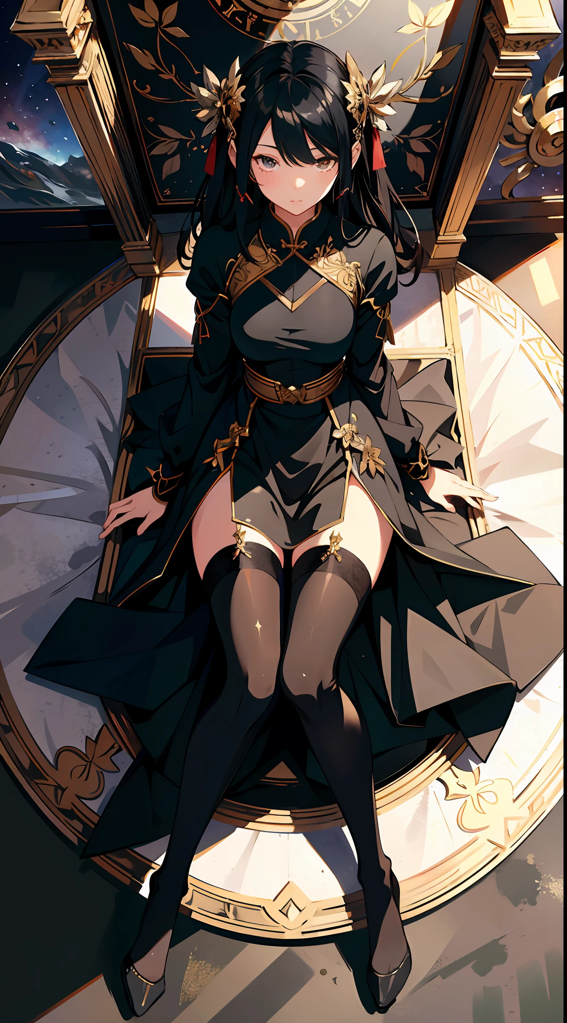 absurd res, high res, (masterpiece:1.4), ultra-detailed, 2girls siblings , from above, space, floating, Chinese dress, black dress, stockings, black hair, golden eyes, focus on face, kneeling, full body, opposite colour of clothes