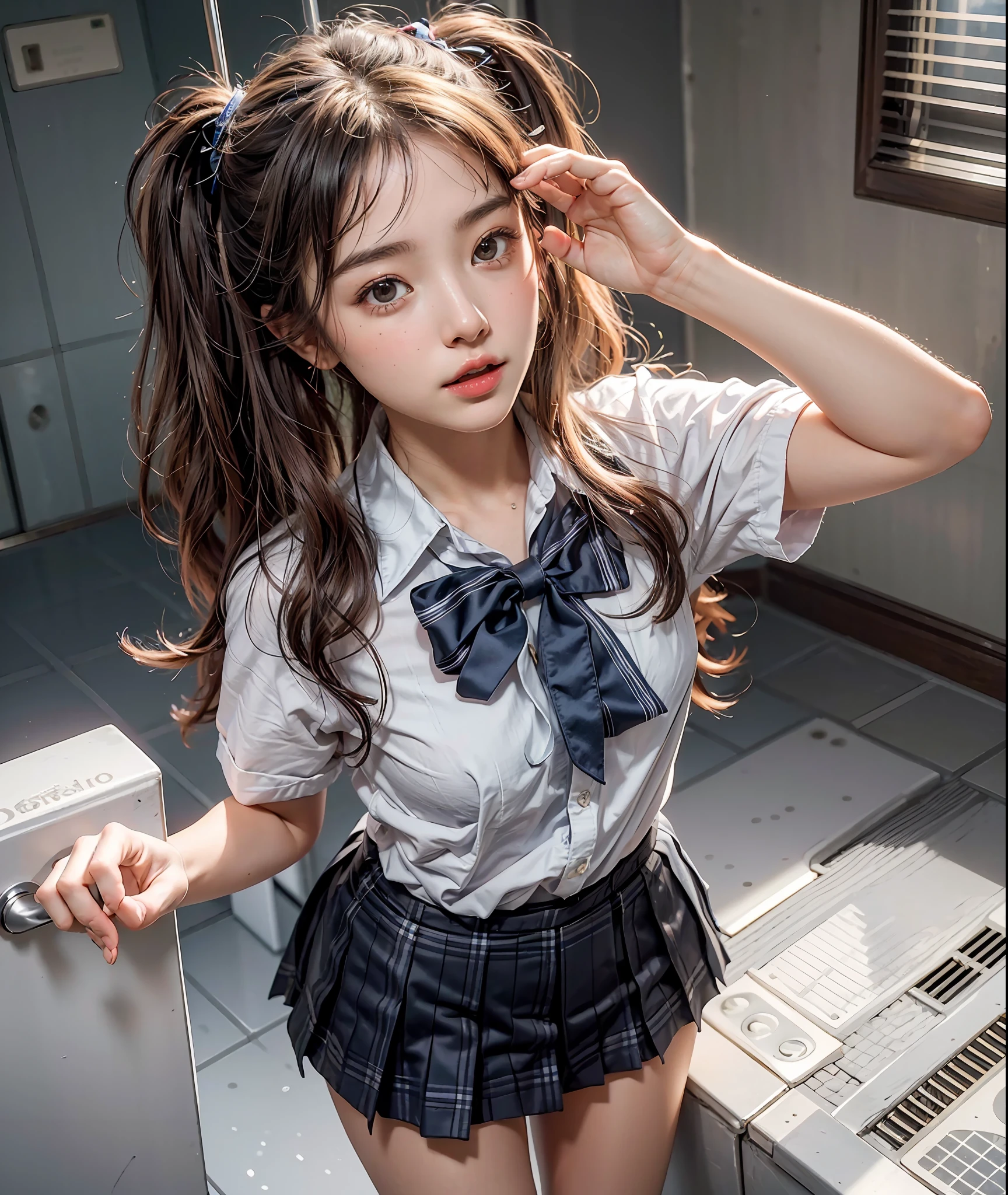 (1girl), 18-year-old woman, schoolgirl,  cute and beautiful girl, (flat chest:1.1),  petite, twitails

school uniform, (in simple public bathroom toilet booth), shy blush,
35mm style, analog style, masterpiece, raw, bright and vibrant, Subtlety, Bright Aesthetic, Frontlight, soft lighting, no dust in beam, cheerful lighting, vibrant colors, Subtlety, Bright Aesthetic, 'lighthearted, delightful, uplifting, joyful, cheerful, pleasant, sunny, optimistic', clear sky, sunshine, Realism, VFX, FXAA, TXAA, RTX, SSAO, Shaders, No noise, Ambient Lighting, Tone Mapping, Sunlight, high resolution, ultra HD, megapixel, 8k resolution, 8k, 8kres, 8k res, high details, intricate details, intricate and delicate, high intricate details, reasonable amount of details, normalcy, high quality, masterpiece),