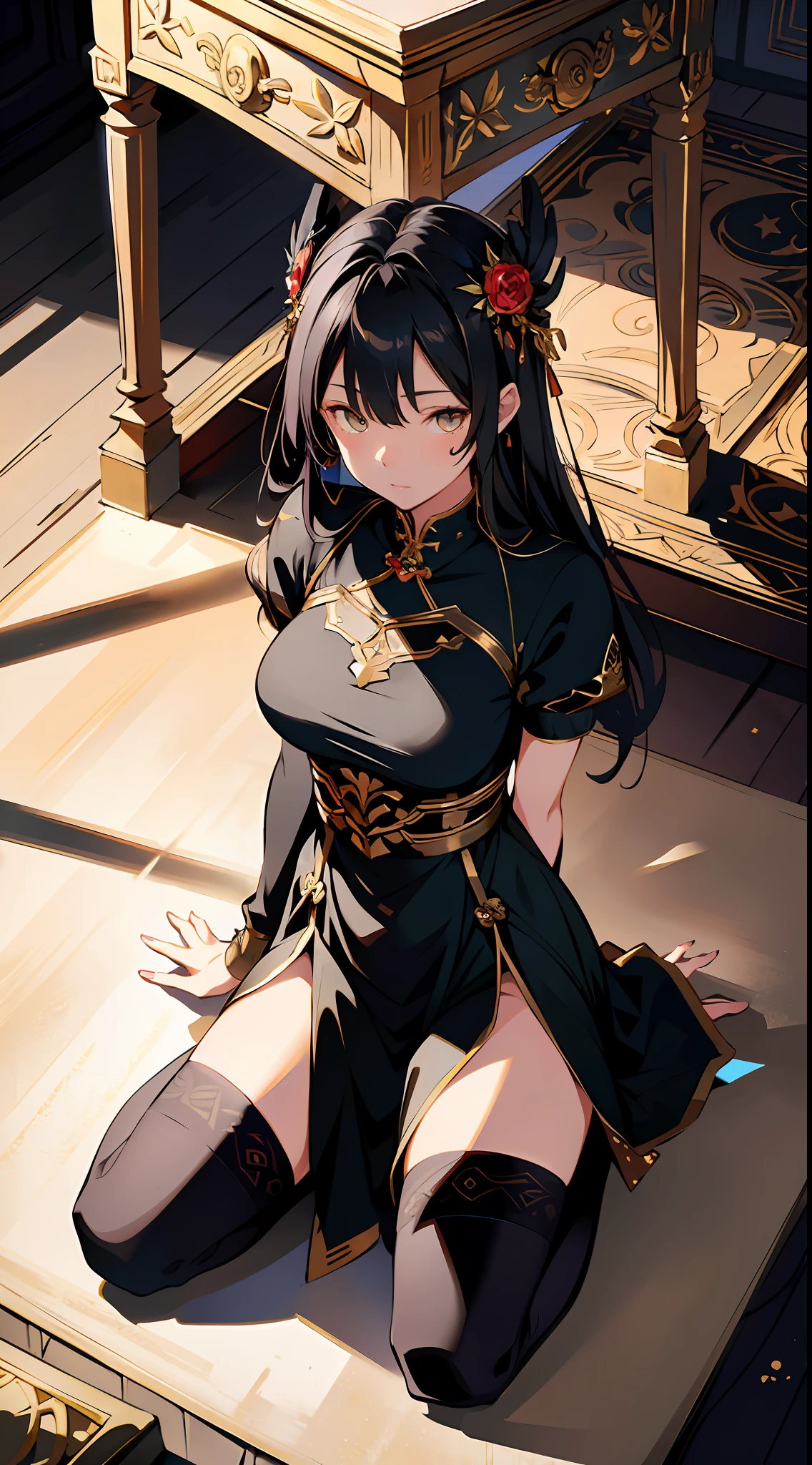 absurd res, high res, (masterpiece:1.4), ultra-detailed, 2girls siblings , from above, space, floating, Chinese dress, black dress, stockings, black hair, golden eyes, focus on face, kneeling, full body, opposite colour of clothes
