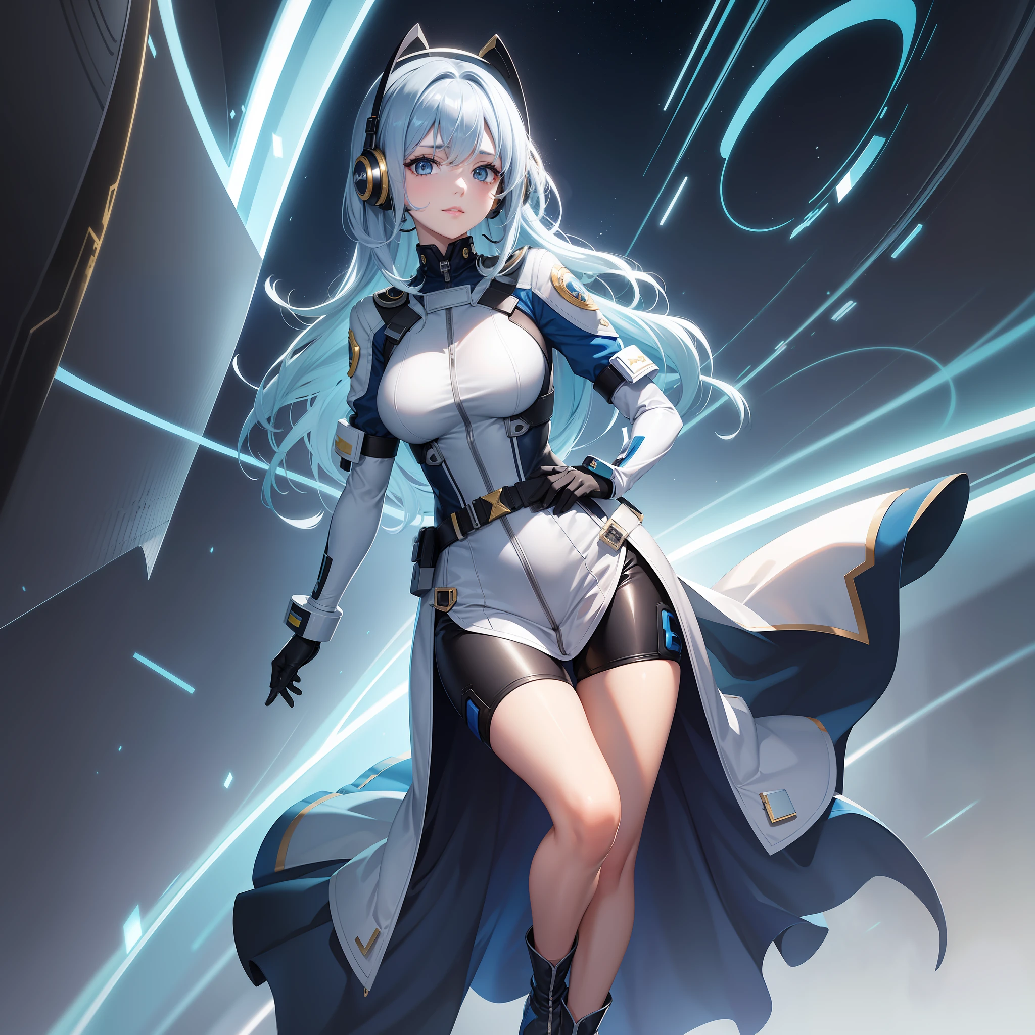 Full body, blue hair, blunt bang, masterpiece, top quality, official art, very elaborate CG Unity 8K wallpaper, solo girl, Japan girl, full body, ultra high resolution, (photorealistic: 1.4), golden hour lighting, flight suit in white and blue colors, tight fit clothes, full body covering clothes, knee boots, blue hair, (platinum shorthair: 0.8), (puffy eyes) watch, viewer, front-facing, medium breasts, shirt lift, gloves, gentle smile, headset