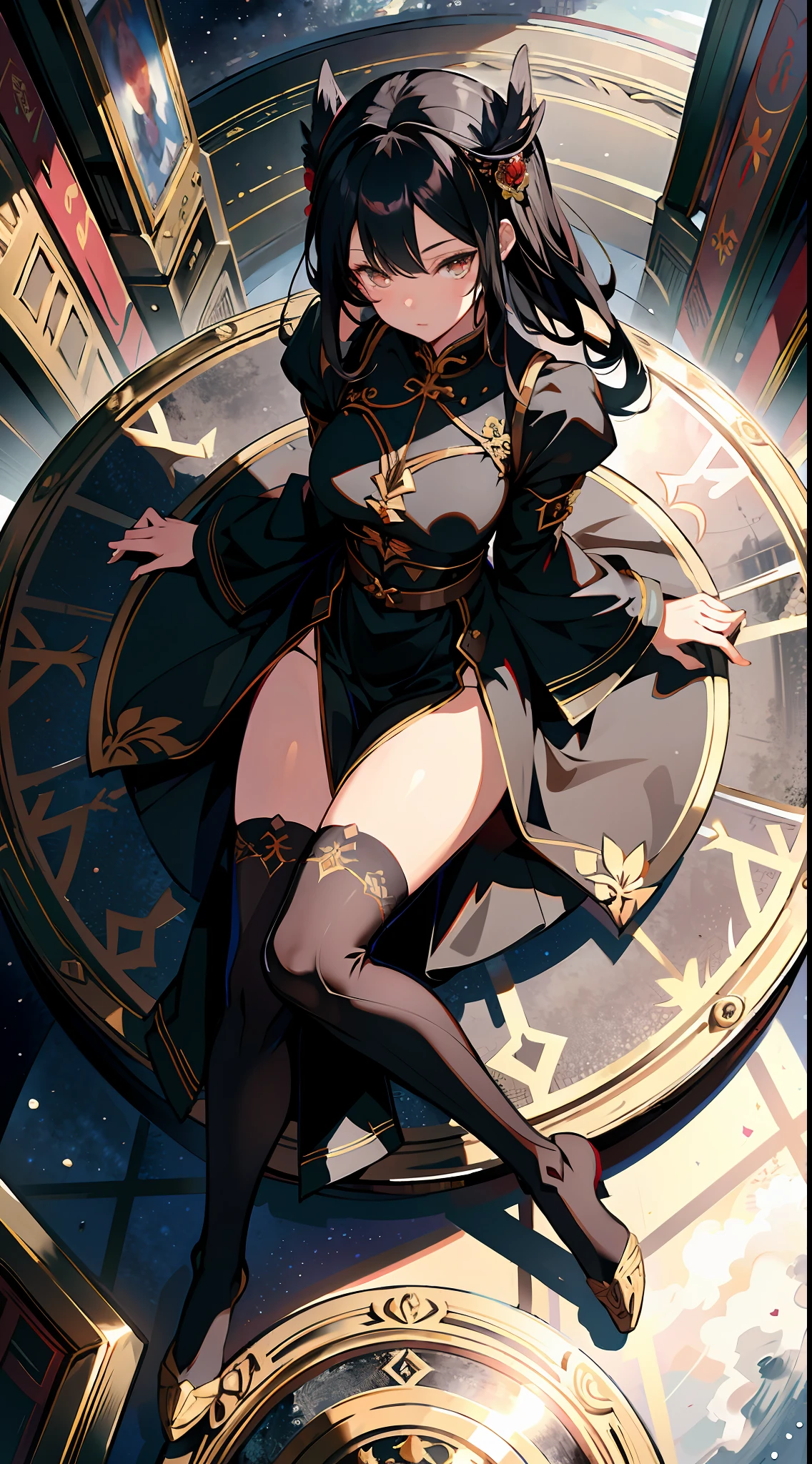 absurd res, high res, (masterpiece:1.4), ultra-detailed, 2girls siblings , from above, space, floating, Chinese dress, black dress, stockings, black hair, golden eyes, focus on face, kneeling, full body, opposite colour of clothes