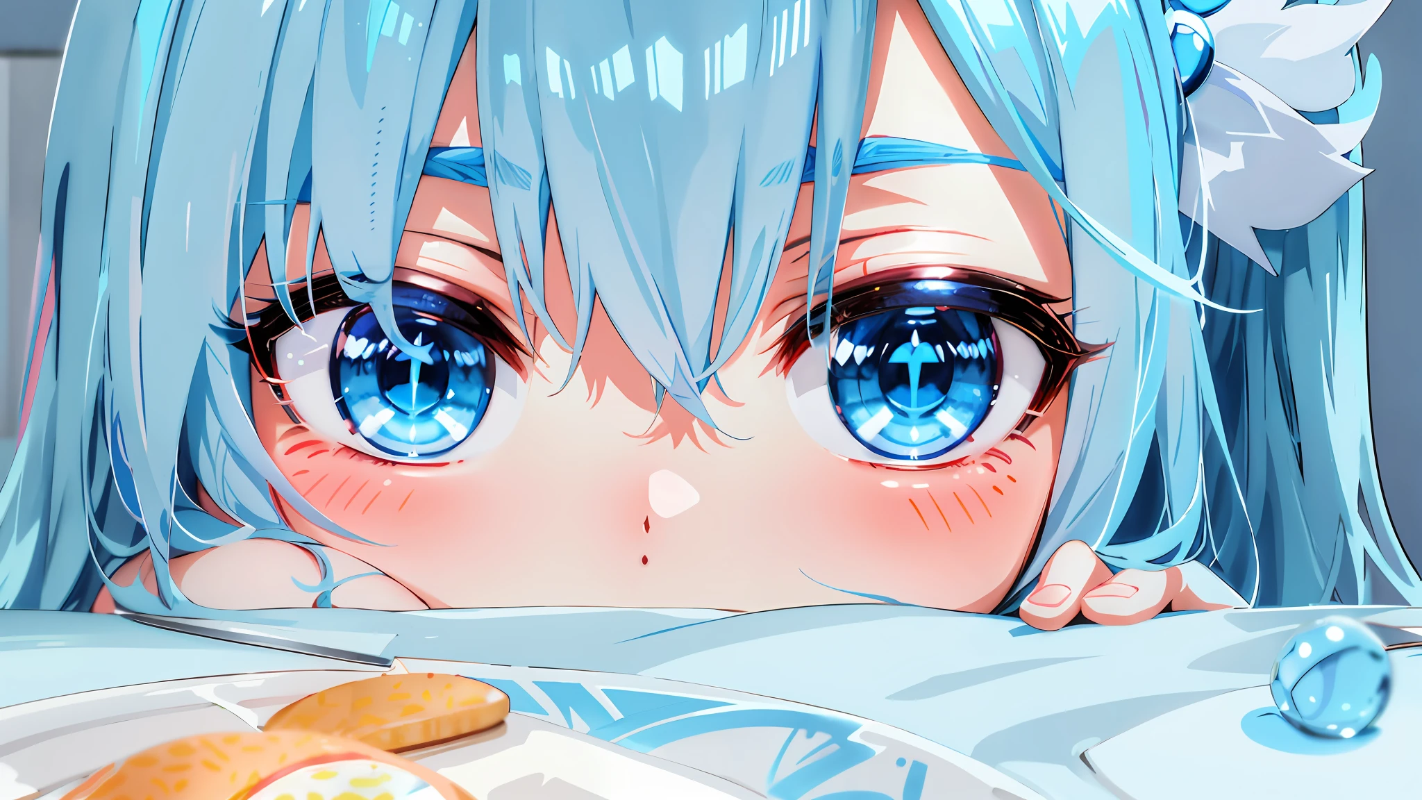 anime girl with blue hair and blue eyes looking over a table, sad cerulean eyes, sky blue eyes, blue shining eyes, anime moe artstyle, pastel blue eyes, with huge luminous sad eyes, pale blue eyes, soft anime illustration, azure eyes, pale blue eyes!, clear blue eyes, eyes in the style of nendoroid, ice blue eyes