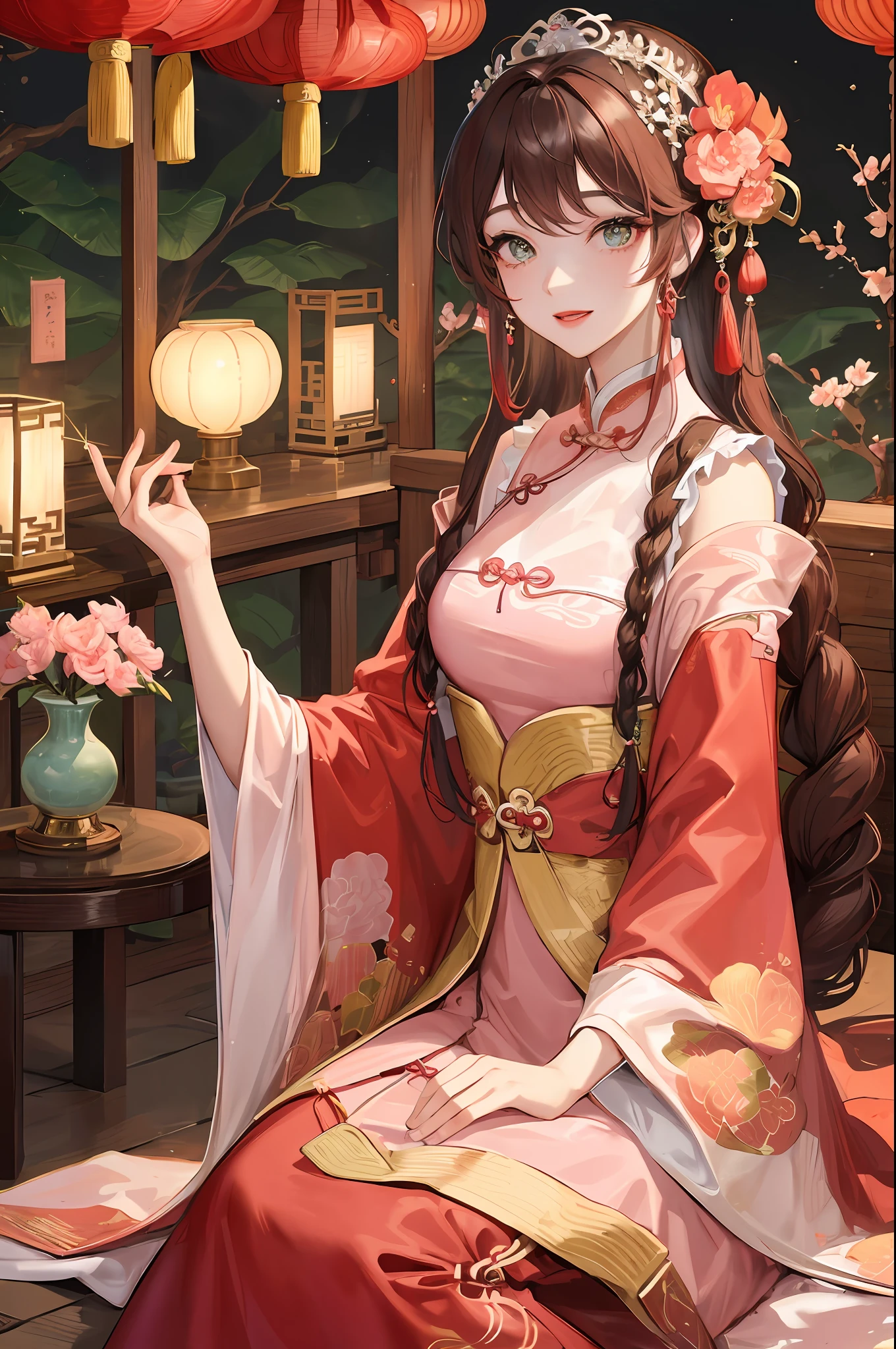 Masterpiece Superb Night Full Moon 1 Female Mature Chinese Style Ancient Chinese Sister Royal Sister Smile Brown Hair Princess Cut Twist Twist Flower Braid Double Pill Head Light Pink Lips, Calm, Intellectual, Middle Hair, Green Pupils, Hairpins, Peach Blossoms, Red Clothes