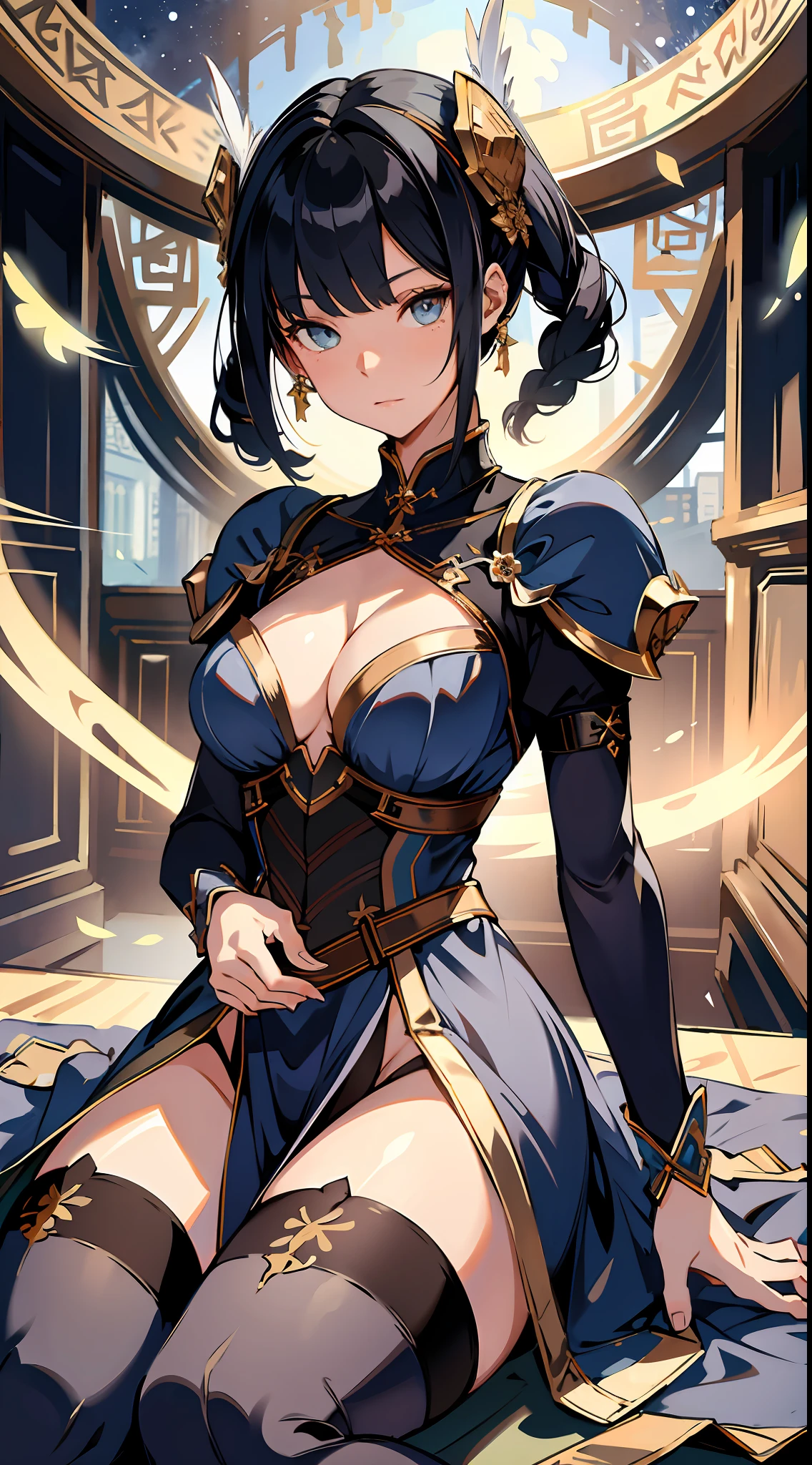 absurd res, high res, (masterpiece:1.4), ultra-detailed, 2girl, from below, space, floating, Chinese dress, blue dress, stockings, black hair, golden eyes, cleavage, focus on cleavage, spreading legs, full body