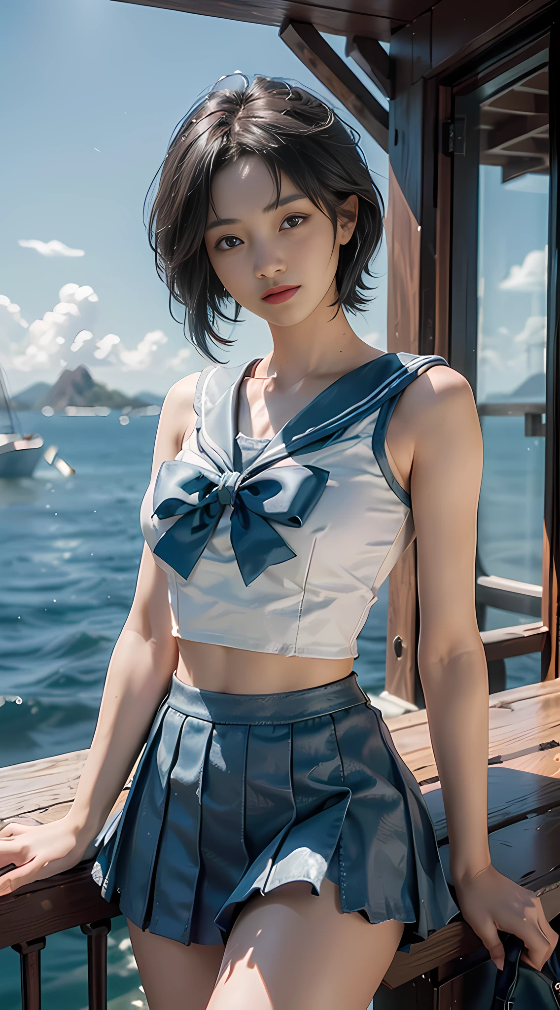 ((Best Quality)), ((Masterpiece)), (detail: 1.4), 3D, , (Sailor Moon: 2.1) ((Ami Mizuno/Sailor Crystal, Sailor Mercury)), charming smile, short hair, short blue hair, leaky belly button, vibrant blue eyes, short skirt, white top, looking at the viewer,, background of the sea in Pattaya, Thailand, dynamic pose, (excellent detail, outstanding lighting, wide angle), HDR (High Dynamic Range), ray tracing, NVIDIA RTX, Super Resolution, Unreal 5, Subsurface Scattering, PBR Textures, Post Processing, Anisotropic Filtering, Depth of Field, Maximum Sharpness and Acutance, Multi-Layer Textures, Albedo and Highlight Mapping, Surface Shading, Accurate Simulation of Light-Material Interactions, Perfect Proportions, Octane Rendering, Two-tone Lighting, Wide Aperture, Low ISO, White Balance, Rule of Thirds, 8K RAW