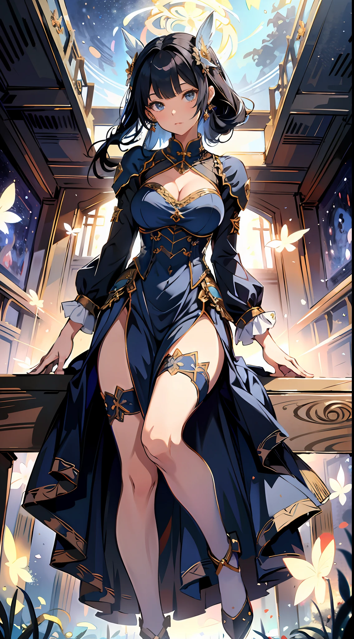 absurd res, high res, (masterpiece:1.4), ultra-detailed, 2girl, from below, space, floating, Chinese dress, blue dress, stockings, black hair, golden eyes, cleavage, focus on cleavage, spreading legs, full body