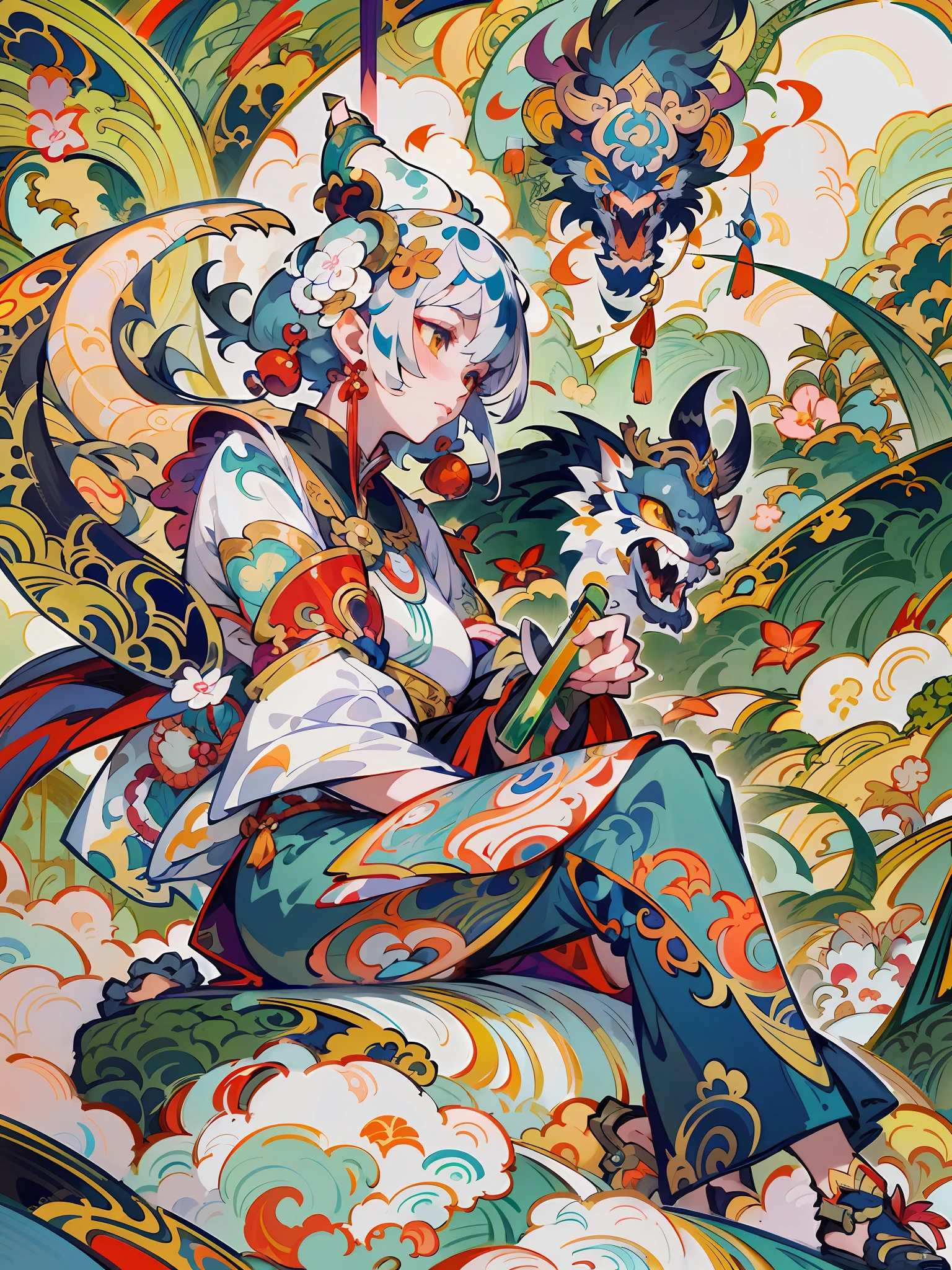 anime - style illustration of a woman sitting on a cloud with a dragon, onmyoji detailed art, alphonse mucha and rossdraws, trending on artstation pixiv, onmyoji, anime fantasy illustration, mohrbacher, jc leyendecker and sachin teng, japanese art style, dragon girl, onmyoji portrait, james jean and wlop