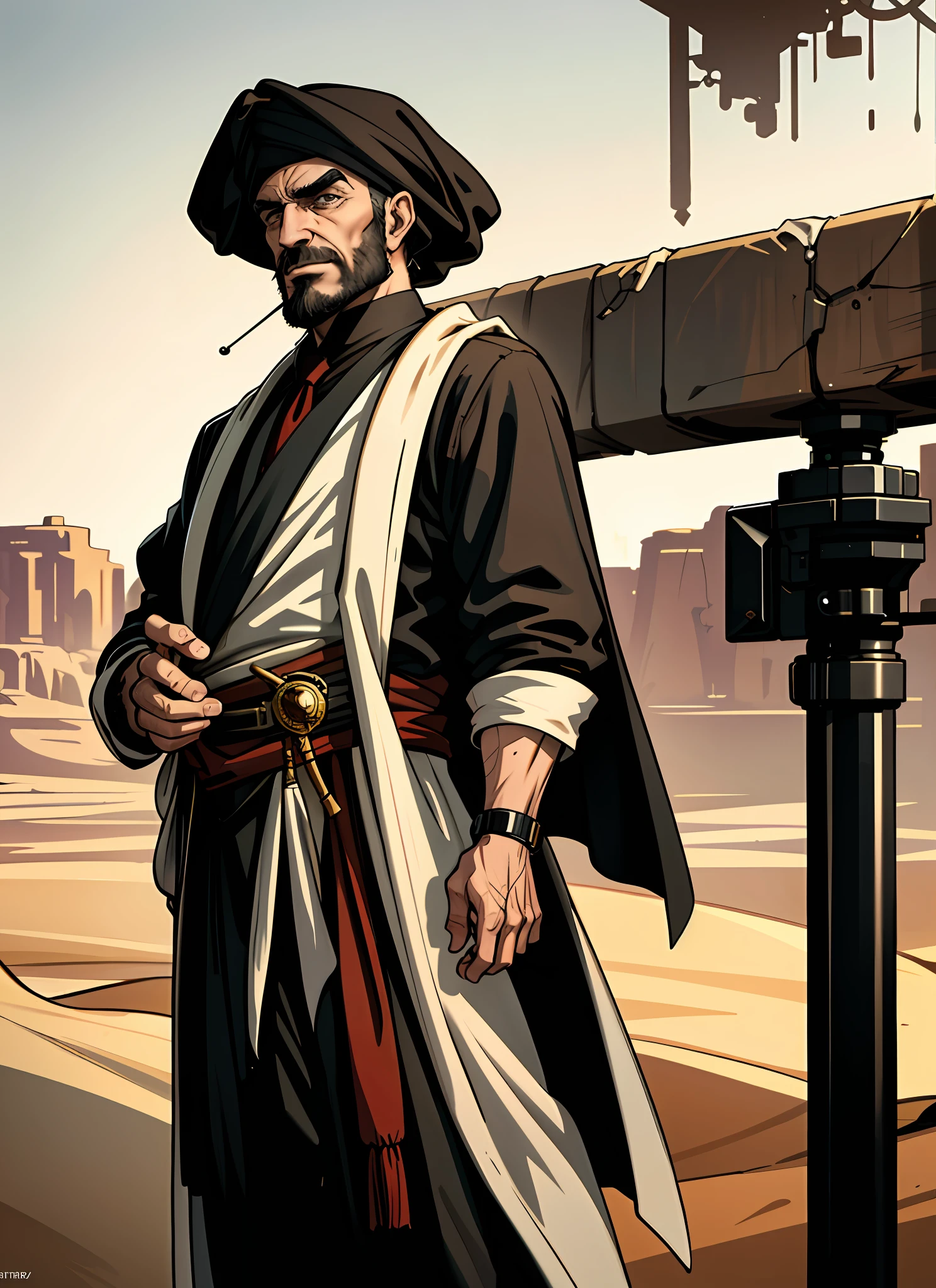 Masterpiece, best quality, 8K, ArtStation, wallpaper, official art, splash art, sharp focus, an elderly male Jew. desert, turban, robes from the time of Jesus, cyberpunk color. elegant, (solo)