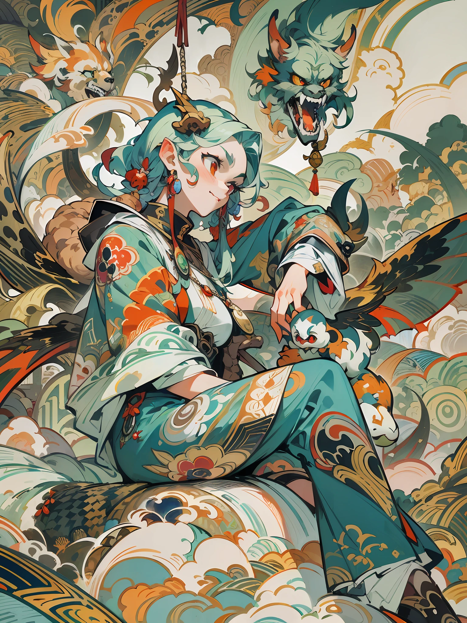 (splash art), (masterpiece ,best quality:1.2), a fantasy figure sitting on top of clouds, in the style of hanging scroll, strong facial expression, colorful grotesques, precisionist lines, large-scale muralist, manticore,