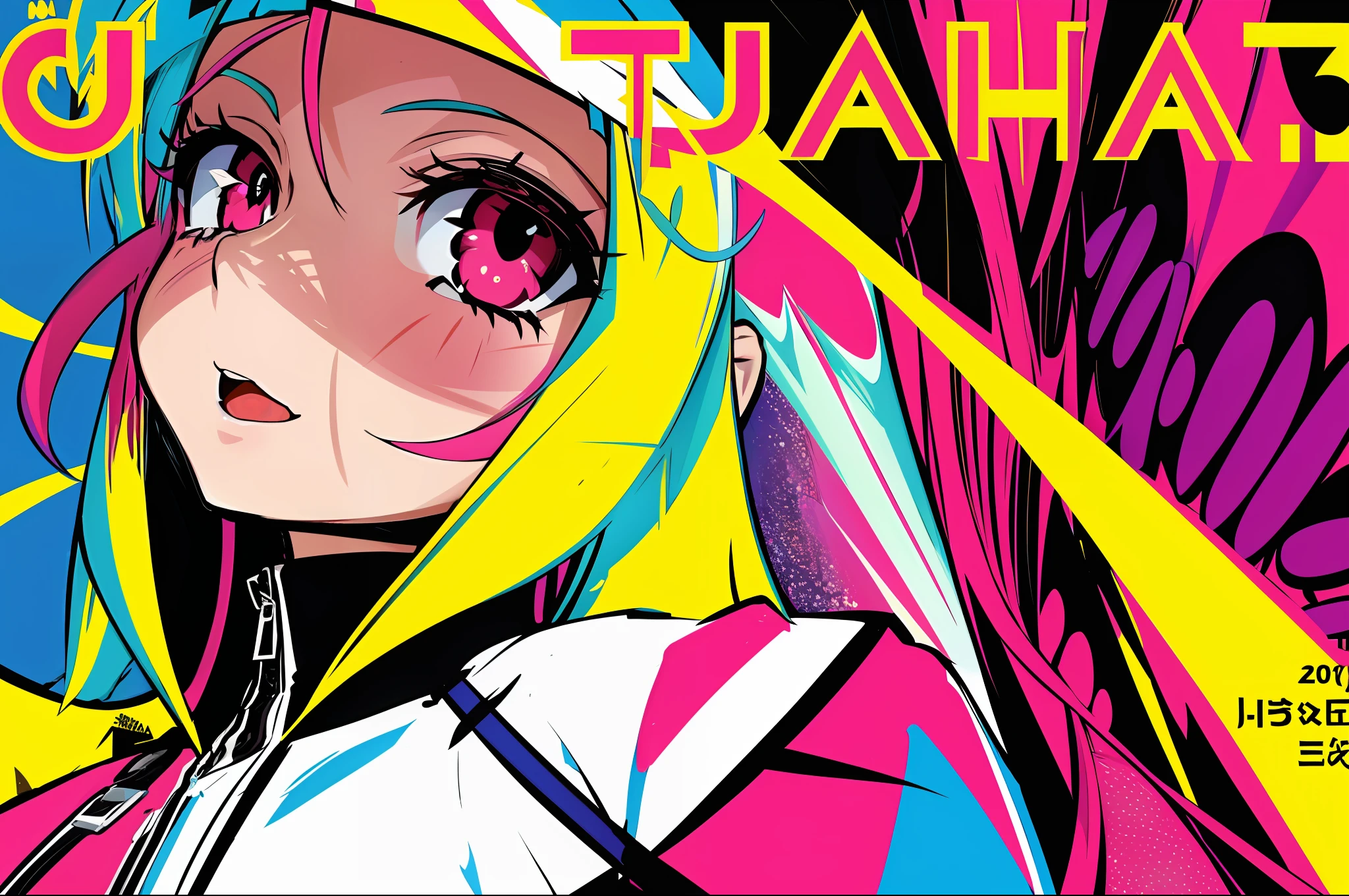1girl, sfw, cap, shorts, jacket, (Magazine cover style illustration of a fashionable woman in a vibrant outfit posing in front of a colorful and dynamic background. She has a confident expression and is doing a pose. The cover text should be bold and eye-catching, with the title of the magazine and a catchy headline (should read: Divine AIIart). The overall style should be modern and modern, with a focus on fashion and lifestyle), wallpaper, crowds, fashion, contrapposto, feminine approach, model, cool