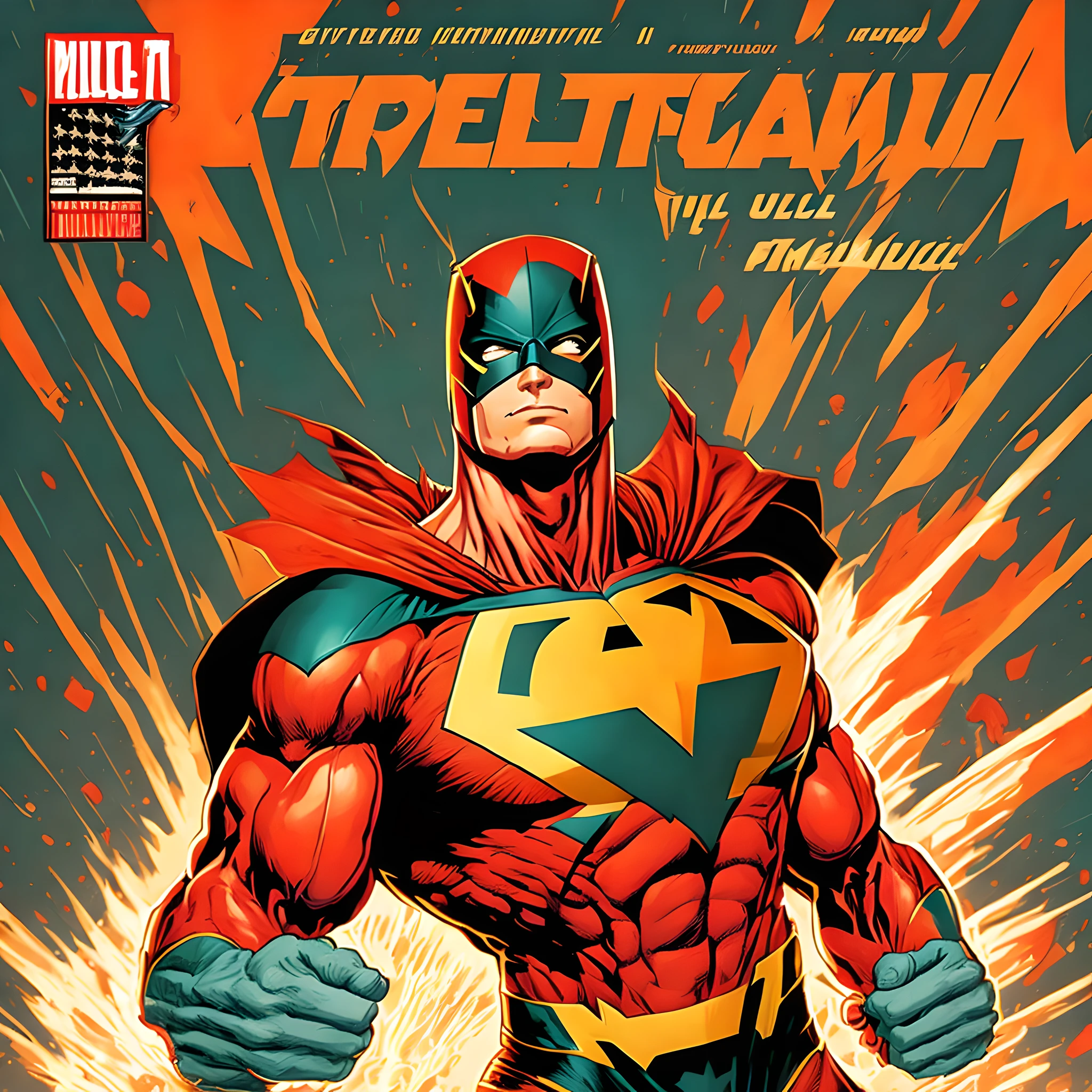 ((Best quality)), ((masterpiece)), (detailed),{Comic book cover, retro style}, {an exciting and visually striking vector art depicting a superhero in action}, {drawing inspiration from the works of Jim Lee and Bruce Timm}, {shot with a dynamic angle to convey the character's power and movement}, {featuring bold lines, vibrant colors, and comic-style typography}, {creating a nostalgic and impactful cover art that grabs attention}.