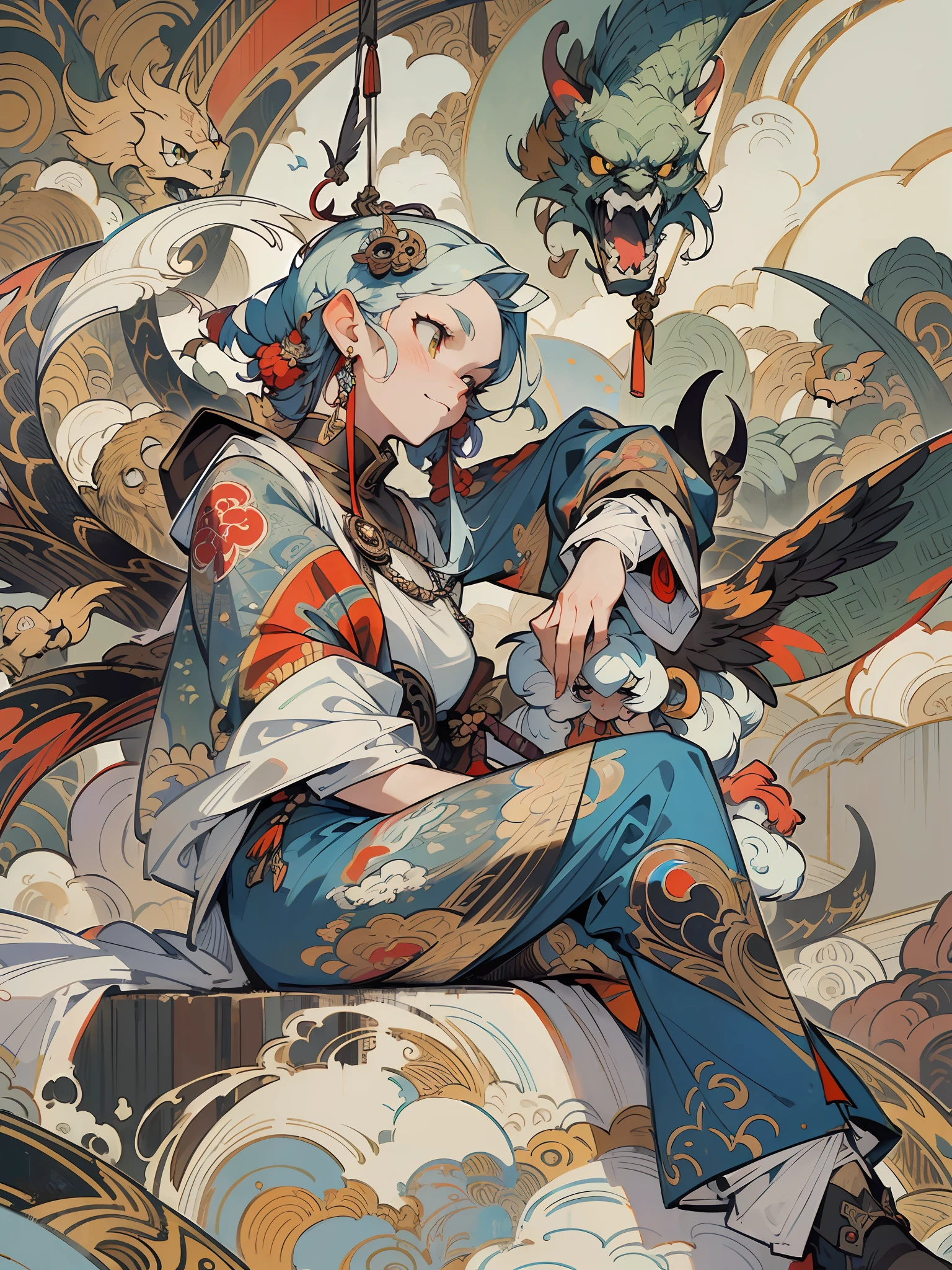 (splash art), (masterpiece ,best quality:1.2), a fantasy figure sitting on top of clouds, in the style of hanging scroll, strong facial expression, colorful grotesques, precisionist lines, large-scale muralist, manticore,
