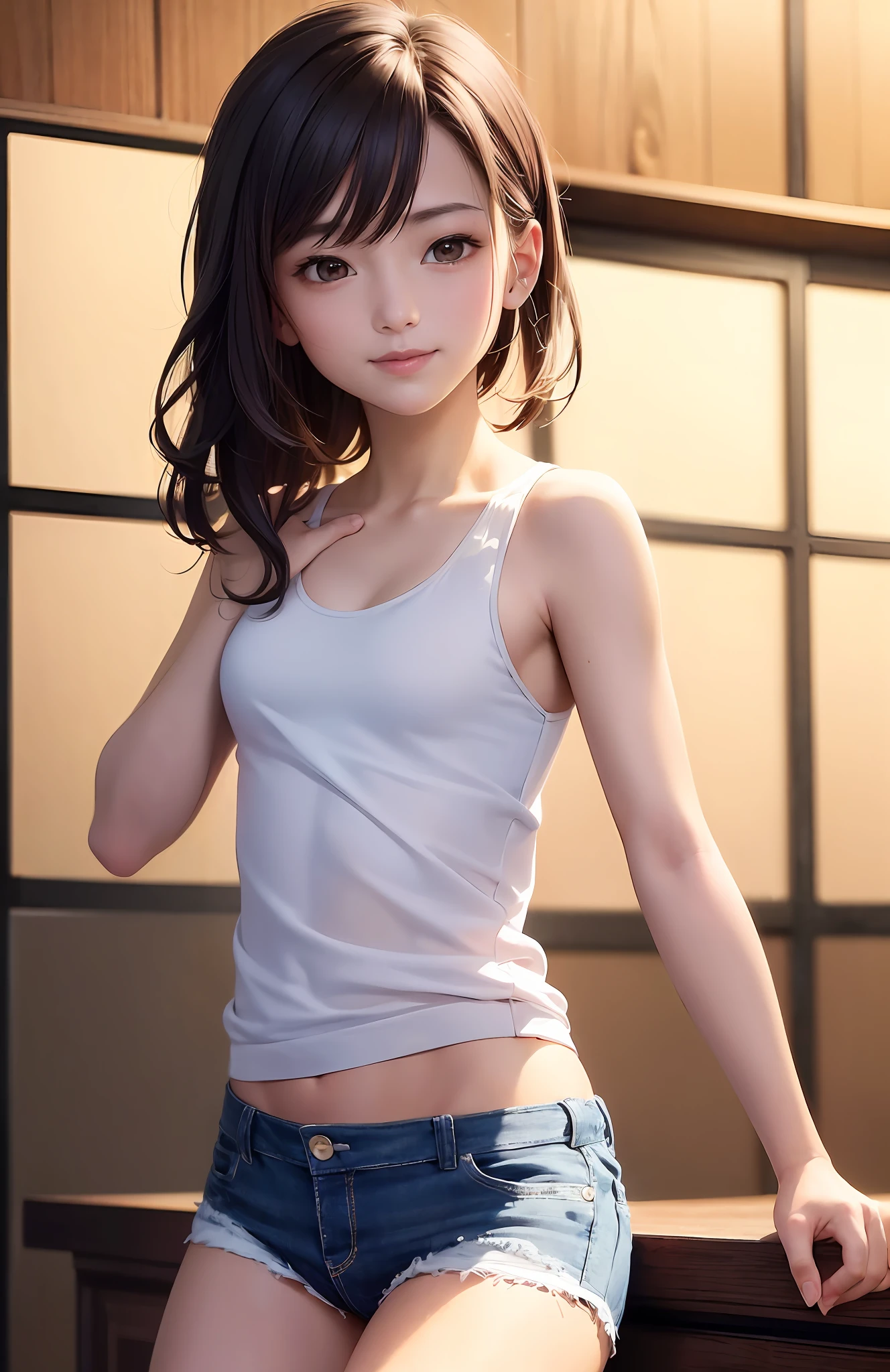 ((mid-chest, tomboy, small head)), daylight, sunlight, (well-defined abs: 1.1), (perfect body: 1.1), (short wavy hair: 1.2), russet hair, full-body photos, crowded streets, wearing white vests, ((shorts)), (extremely detailed CG 8k wallpaper), (extremely delicate and beautiful), (masterpiece), (best quality: 1.0), (ultra-high resolution: 1.0), beautiful lighting, perfect lightning, realistic shadows, [high resolution], Delicate skin, ultra-detailed, charming smile