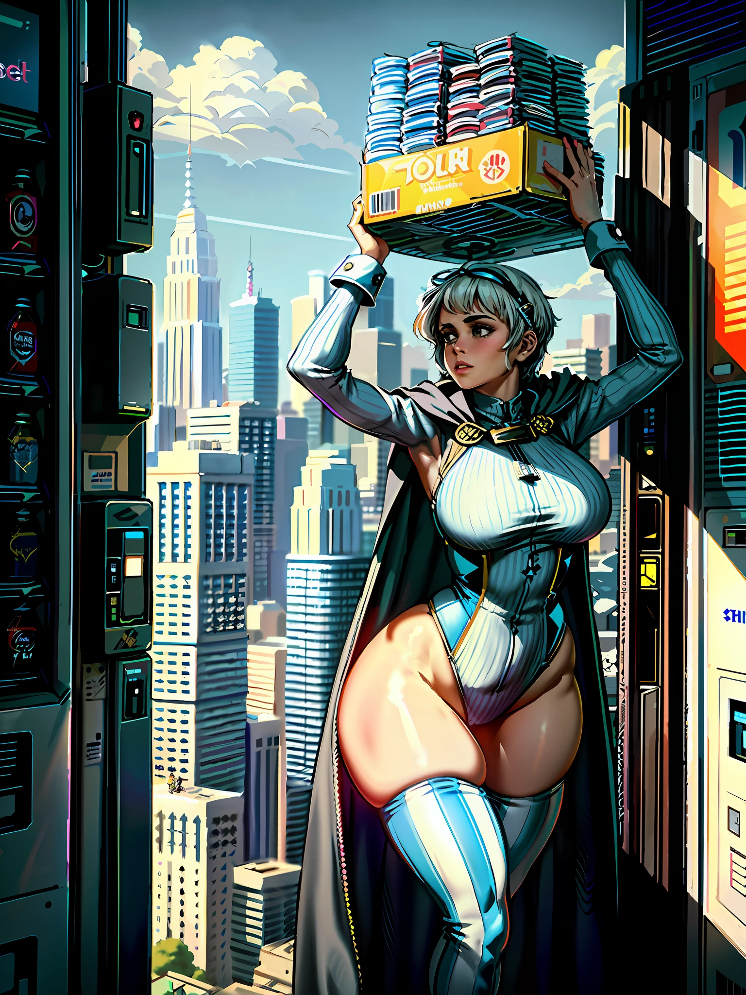 comic of a heroine of the city, ((carrying a big vending machine over her head)), (masterpiece), intricate details, best quality, (stripes ((skimpy)) side-boob bodysuit), cape, standing dynamic pose, (atmospheric city view), short white hair, ((voluptuous)), extremely detailed