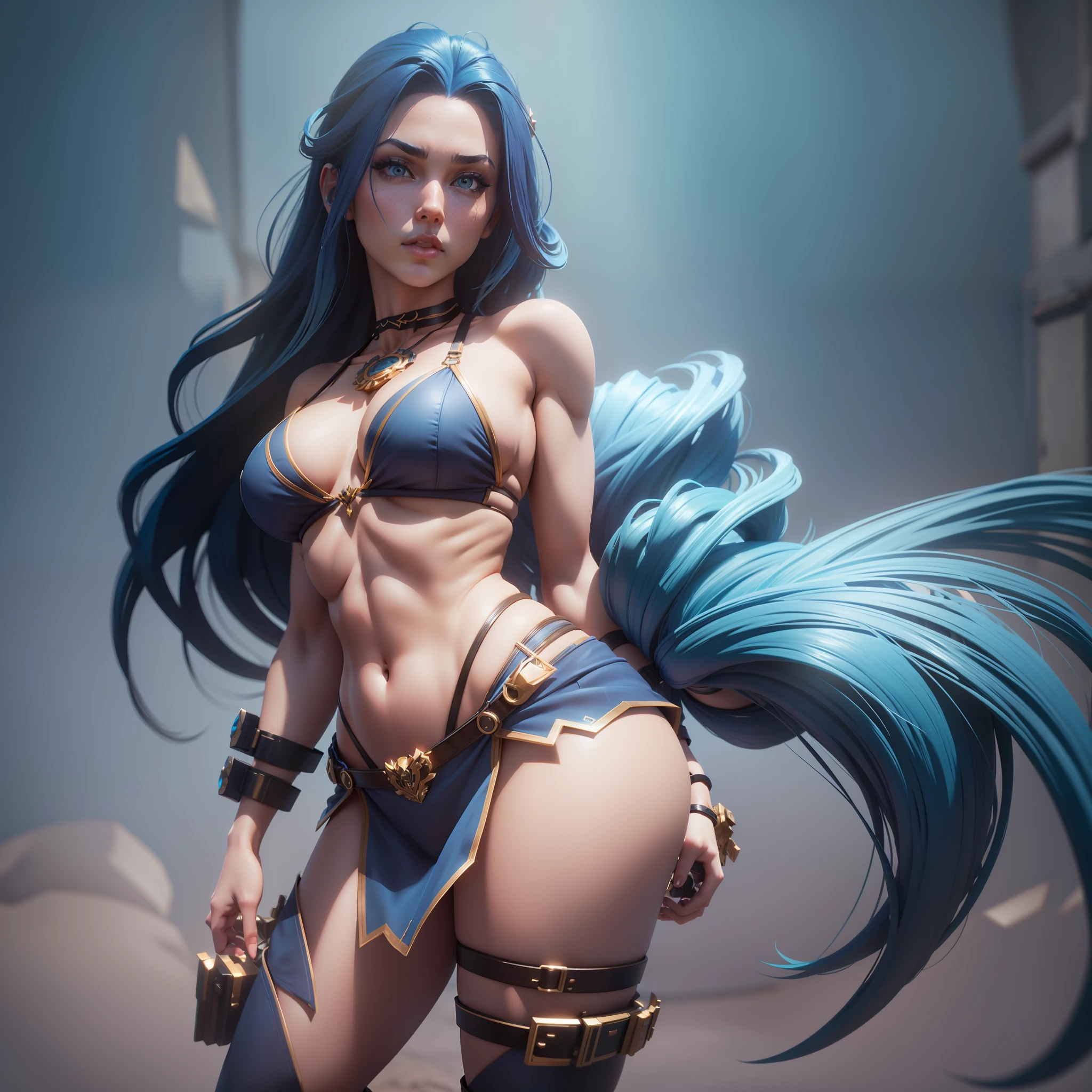 Bikini back girl looking over her shoulders, long blue hair,fair skin,full body,thick thighs,medium breasts,large buttocks,detailed and defined eyes with eyeliner,sexy,3d render character art,8k,3d character art,realistic character concept,unreal 3d engine,detailed