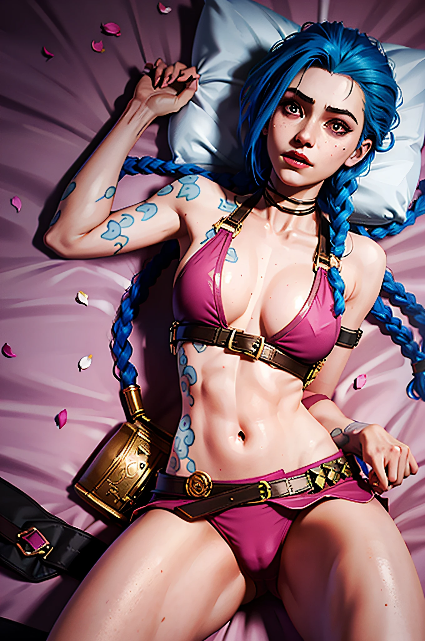 (masterpiece), (best quality), realistic, cinematic light, Jinx, lying on a bed, surrounded by flower petals, cover, battlefield background, perfect body, huge breasts, perspiration, pink and transparent underwear