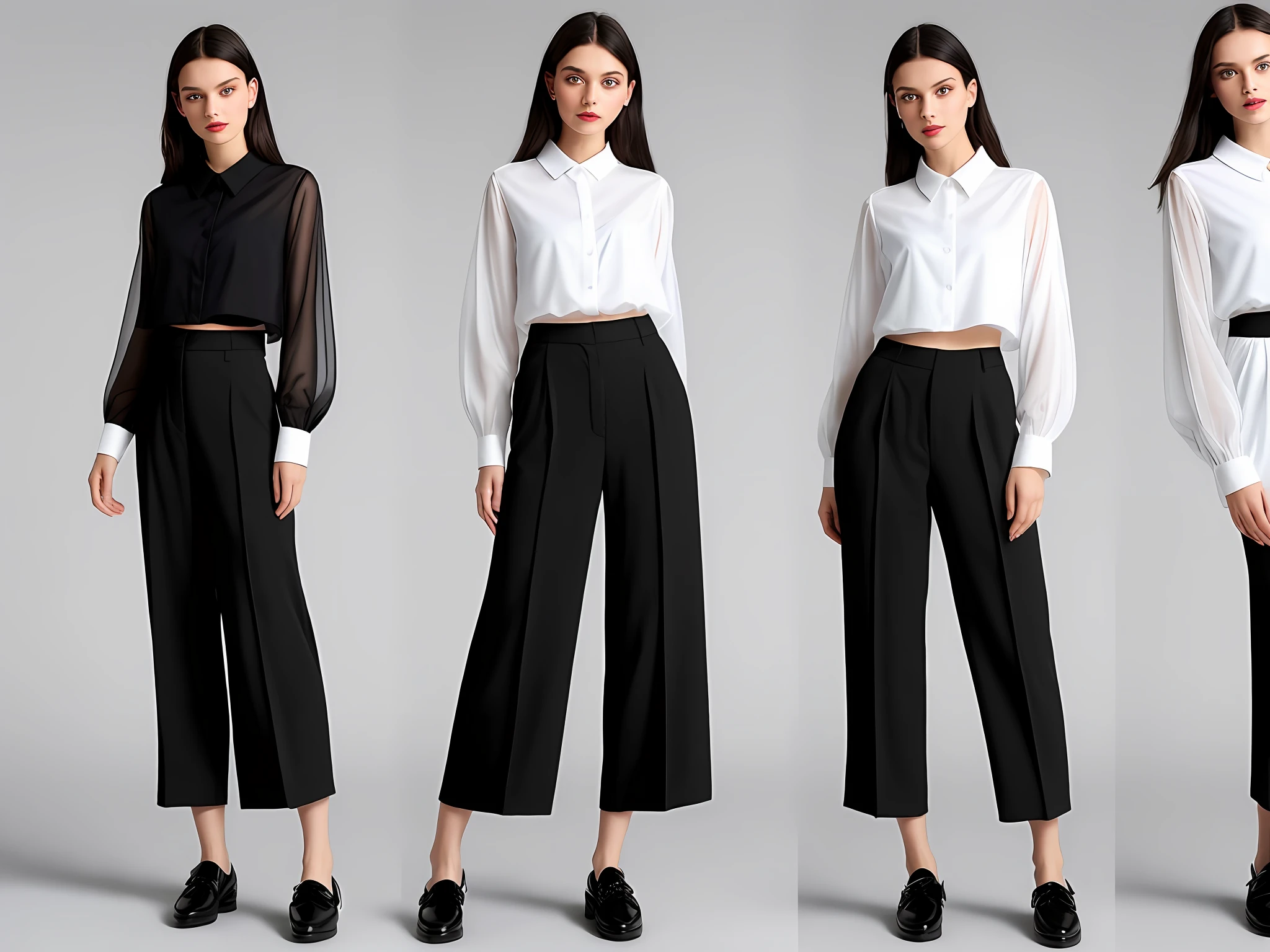 Tops: white tulle long-sleeved shirt;
Bottoms: Black high-waisted wide-leg loose trousers;
Shoes: Black loafers;
Occasion: Business meeting;
Year: 1920;
Background color: black and white, hazy color, heavy traffic, 80s, background color without color;