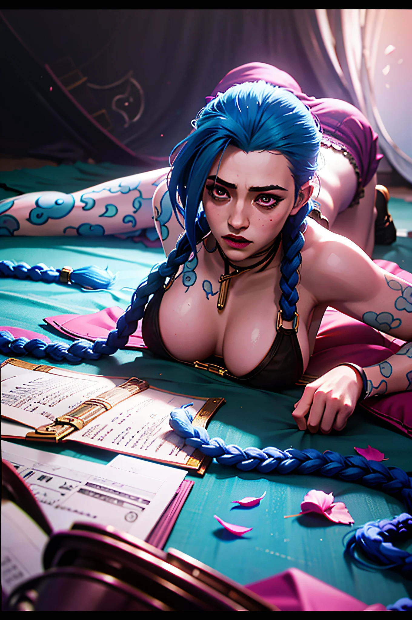 (masterpiece), (best quality), realistic, cinematic light, Jinx, lying on a bed, surrounded by flower petals, cover, battlefield background, perfect body, huge breasts, perspiration, pink and transparent underwear