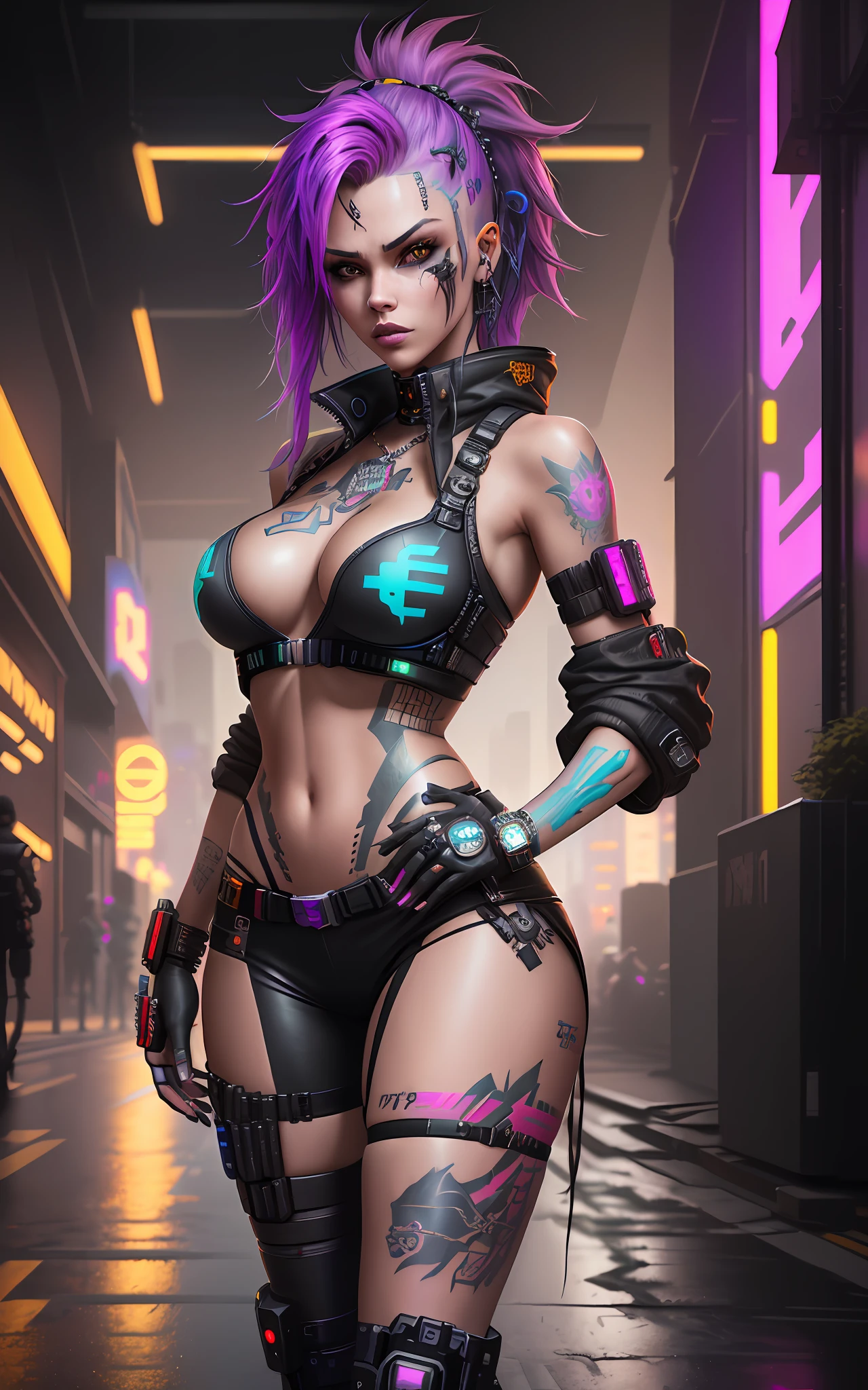 there is a woman with tattoos on her body posing for a picture, hyper-realistic cyberpunk style, cyberpunk angry gorgeous goddess, cyberpunk style , hyperrealistic, cyberpunk 2 0 y. o model girl, cyberpunk art style, cyberpunk art ultrarealistic 8k, cyberpunk girl, cyberpunk beautiful girl, cyberpunk themed art, digital cyberpunk anime art, the cyberpunk girl portrait, cyberpunk digital painting