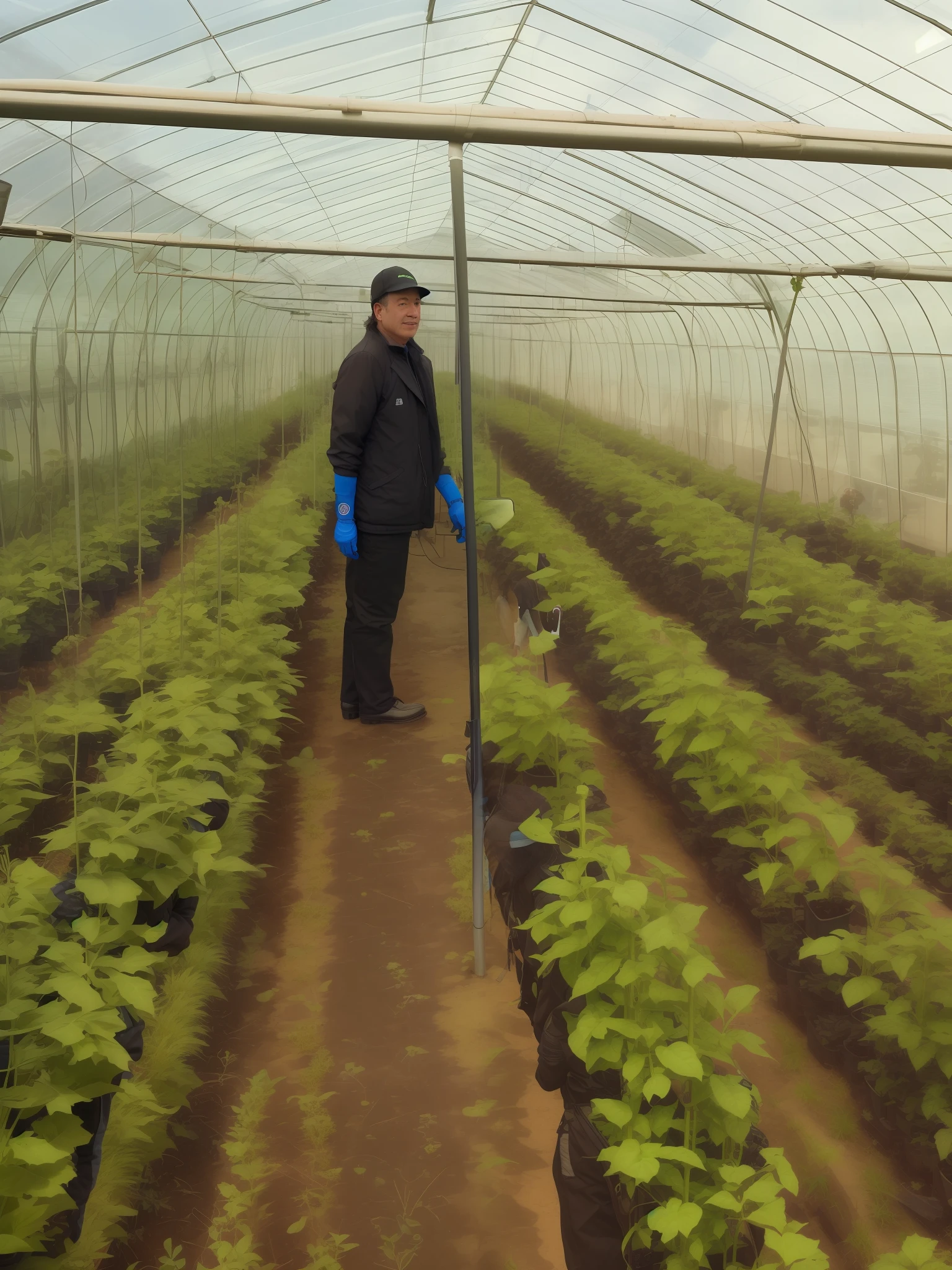 arafed man in a black jacket and blue gloves standing in a greenhouse, greenhouse in the background, in rows, photo taken in 2 0 2 0, tending on arstation, tomato hat and a walking stick, by Alison Watt, by Caroline Mytinger, competition winning, very high quality, by Maeda Masao, organic and robotic