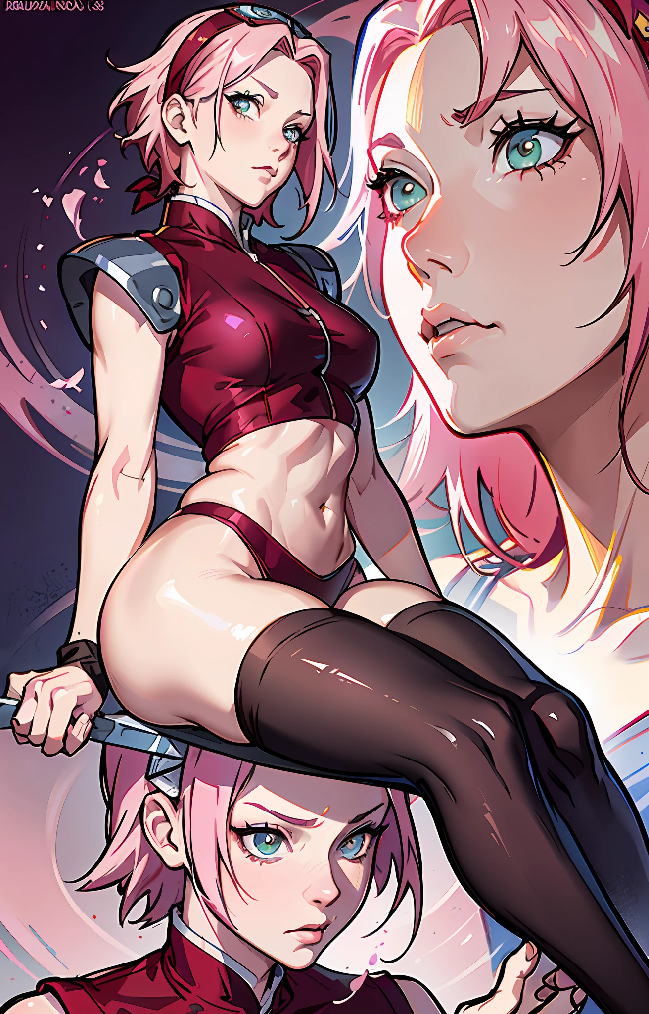 Sakura haruno, ANIME NARUTO, NINJA, ((forehead the show)), charming,fitness, attractive, wearing a ((red blouse)), pink hair, delicate, young, short hair, detailed face, kissing boyfriend, full body, looking at the viewer, bandana on the head, trend in art by rhads, andreas rocha, rossdraws, makoto shinkai, laurie greasley, lois van baarle, ilya kuvshinov and greg rutkowski