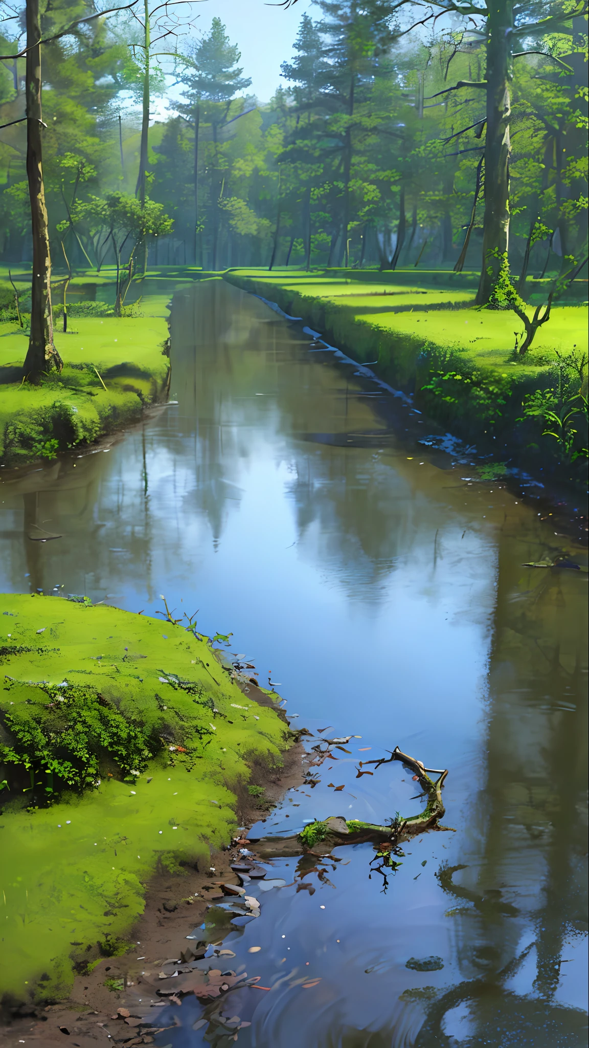 (best quality)), (it's raining heavily) (photo with no people), in the forest, quiet pond, wildflowers by the water, creek, stones, moss, farmland