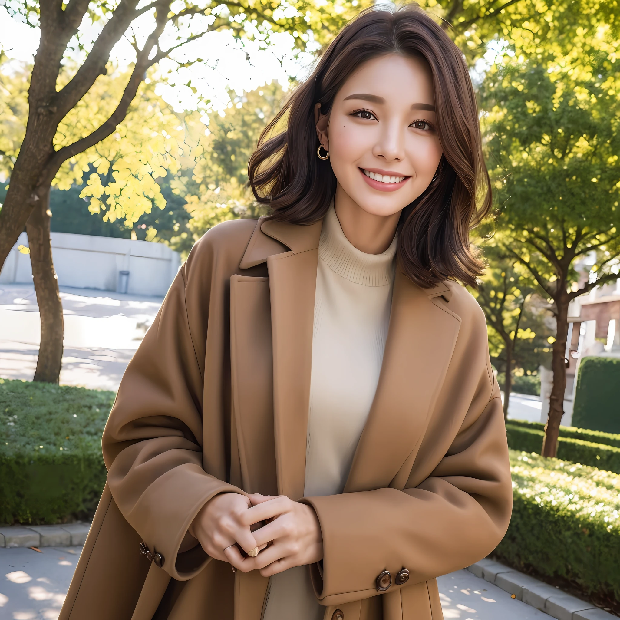 ((top quality, 8k, masterpiece: 1.3, one woman, beautiful woman)), ultra detailed face and skin texture, dark brown hair, wavy short hair, moles around the eyes, big, toned body, smile, big earrings, Christmas, wearing a long coat over the dress, street tree road, whole body, dynamism