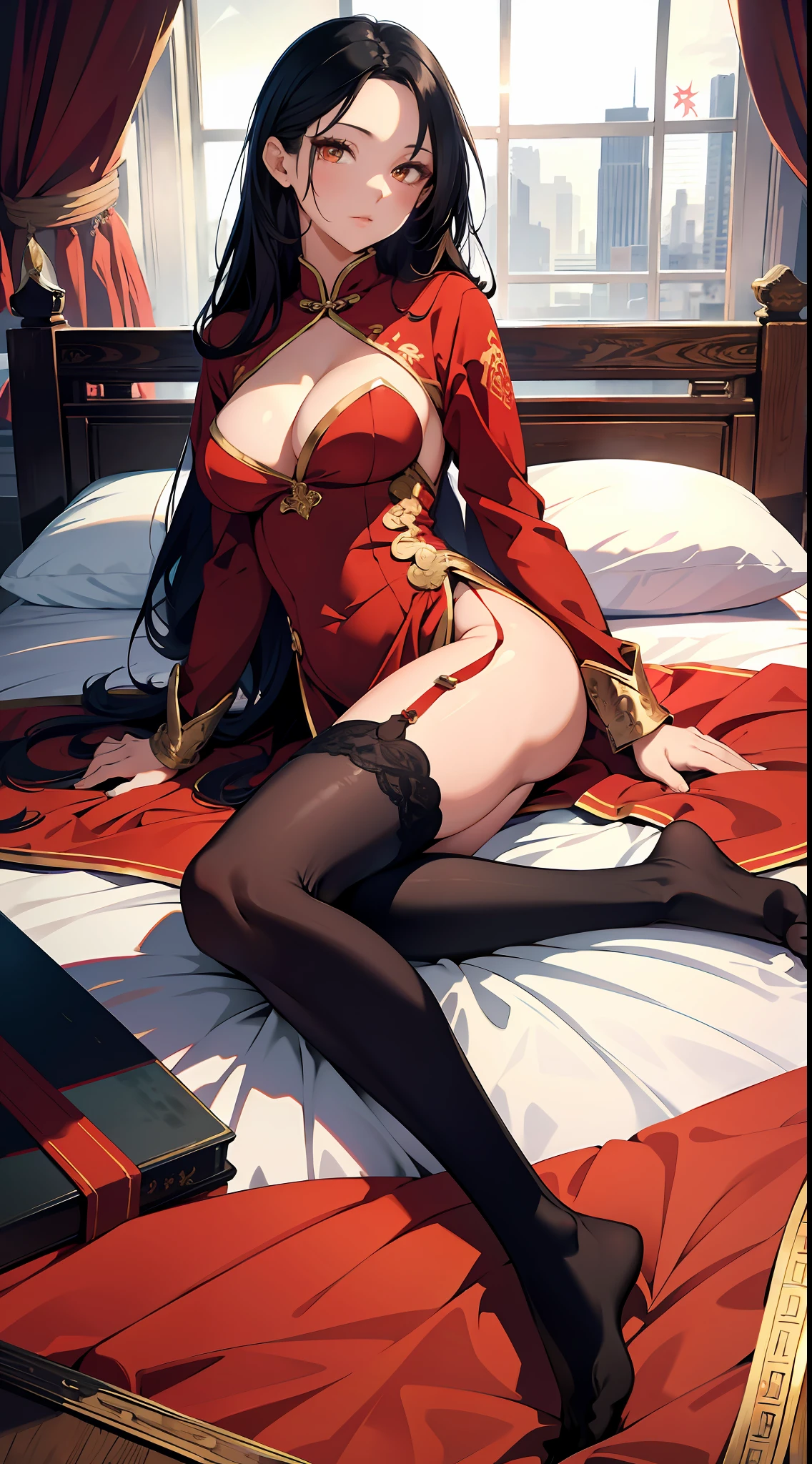 absurd res, high res, (masterpiece:1.4), ultra-detailed, 2girsl, from side, space, floating, Chinese dress, red Chinese dress, stockings, black hair, golden eyes, cleavage, focus on cleavage, spreading legs, full body, laying on bed, laying on back