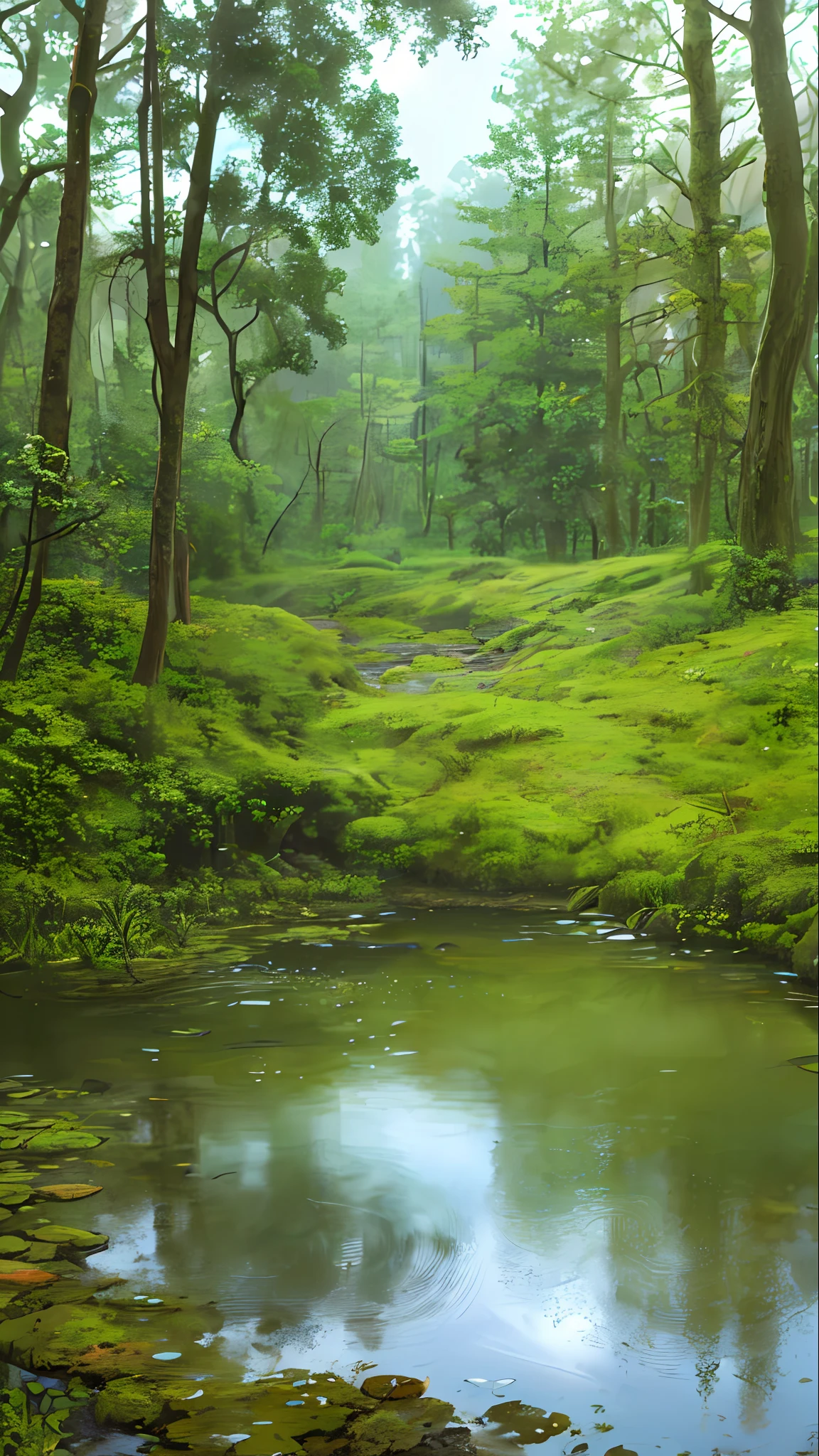 (best quality)), (it&#39;s raining heavily) (no people&#39;s photo), in the forest, quiet pond, small ripples in the water, wildflowers by the water, creek, stones, moss,