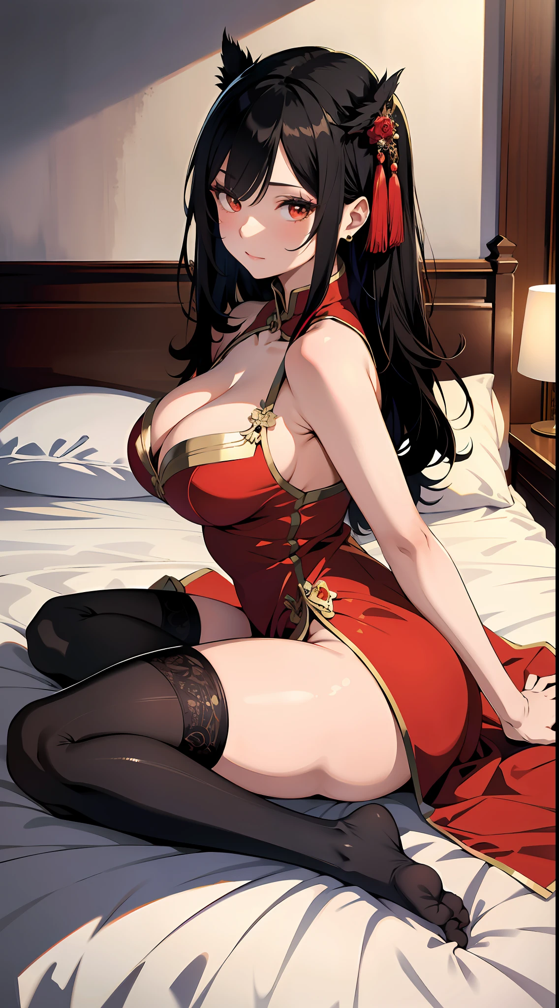 absurd res, high res, (masterpiece:1.4), ultra-detailed, 2girsl, from side, space, floating, Chinese dress, red Chinese dress, stockings, black hair, golden eyes, cleavage, focus on cleavage, spreading legs, full body, laying on bed, laying on back