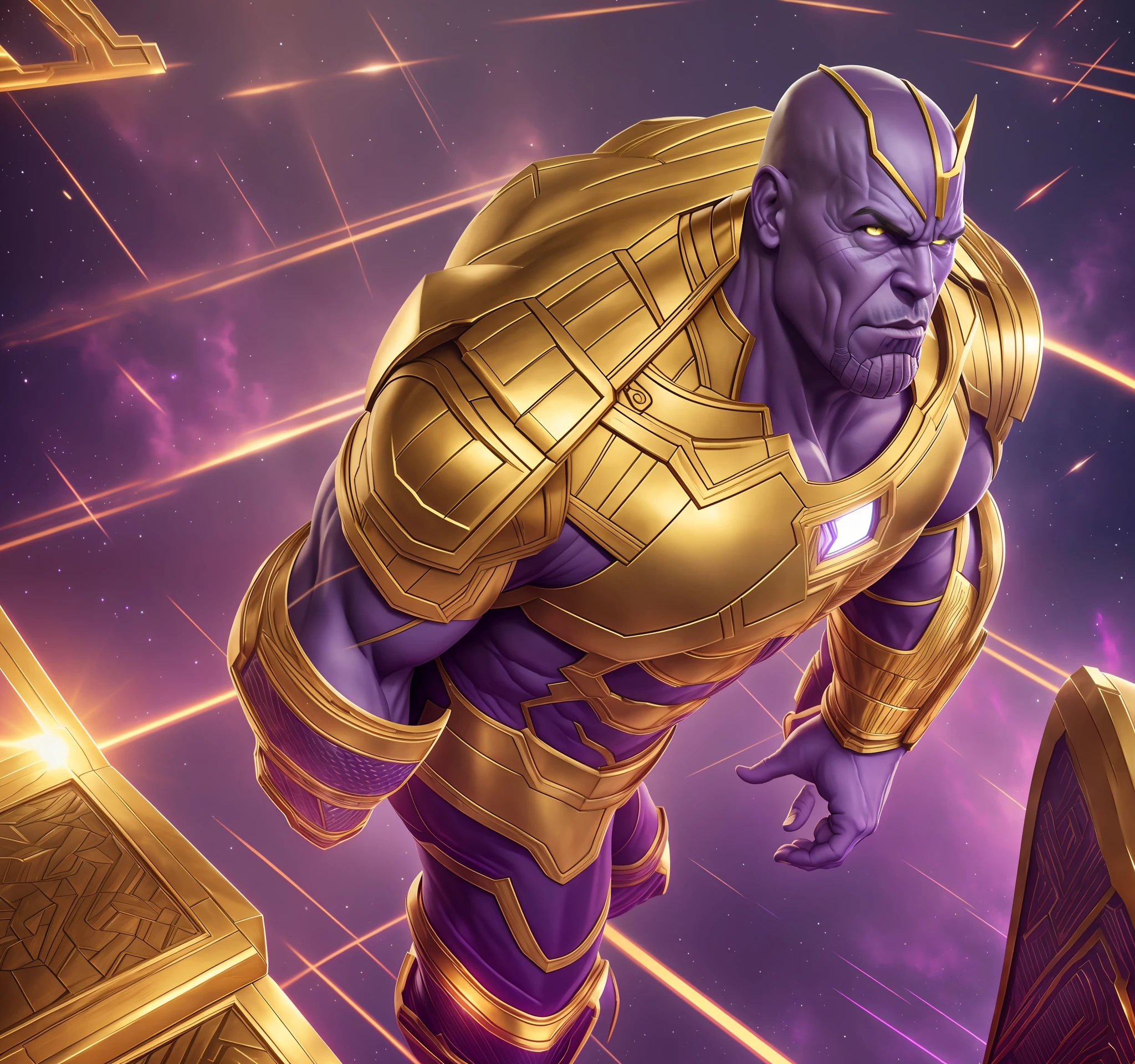 thanos in a gold outfit standing in front of a stage, thanos portrait, thanos style traits, thanos, trending on artstation 4k, thanos as vin diesel, wearing thanos armour, 8k render”, 8 k cg render, artstation masterpiece, dwayne johnson as thanos, trending on artstation hq, 8k high quality detailed art, vin diesel as thanos --auto --s2