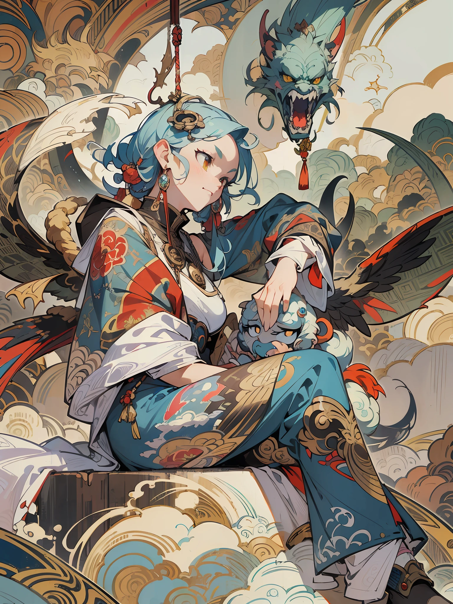 (splash art), (masterpiece ,best quality:1.2), a fantasy figure sitting on top of clouds, in the style of hanging scroll, strong facial expression, colorful grotesques, precisionist lines, large-scale muralist, manticore,