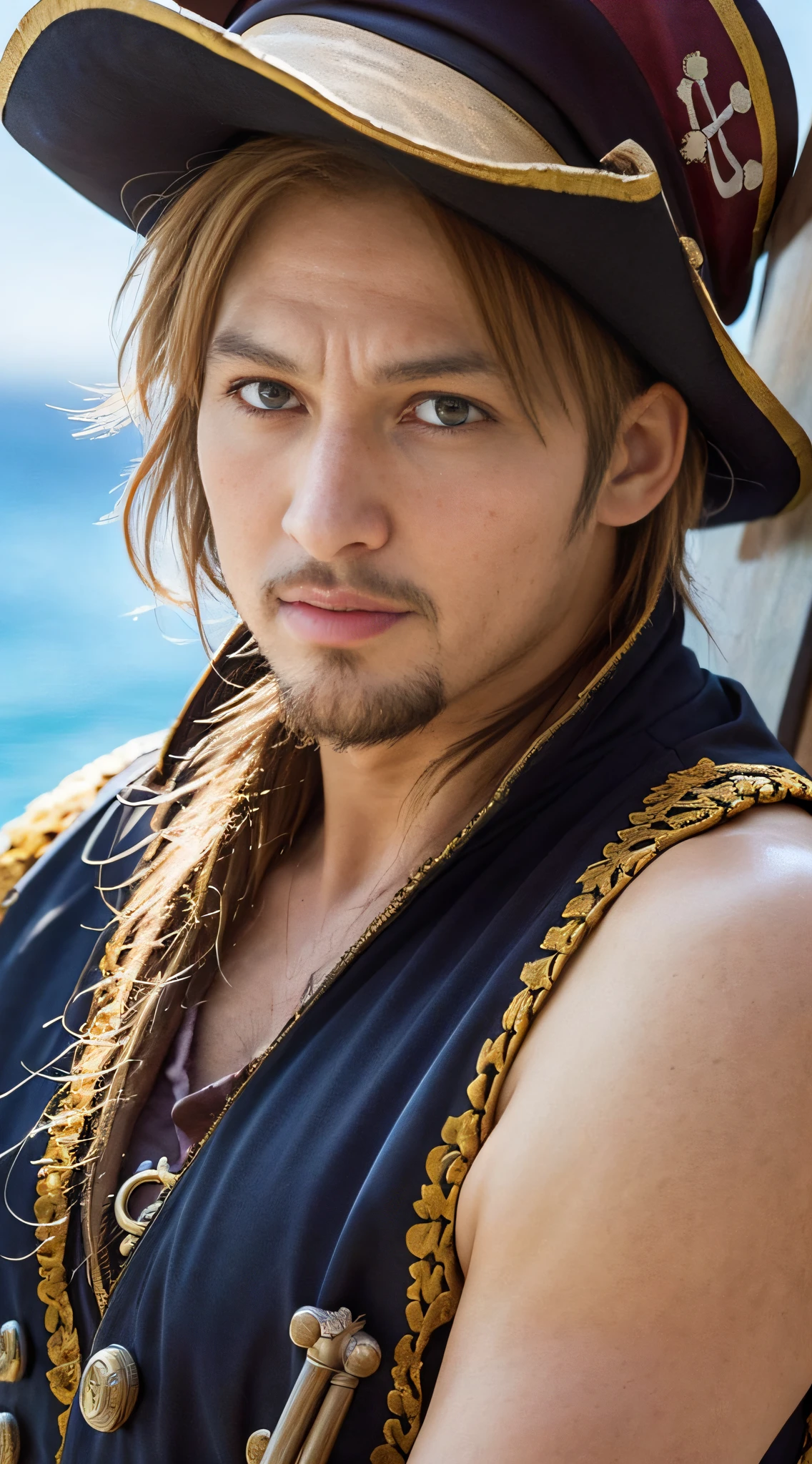 a close up of a cartoon character in a pirate costume, one piece ship sailing, from one piece, king of pirates, detailed key anime art, one piece artstyle, portrait de shanks le roux, high detailed official artwork, detailed anime artwork, pirate, by Eiichiro Oda, one piece style, pirates, gyro zeppeli, sanji, official anime artwork
