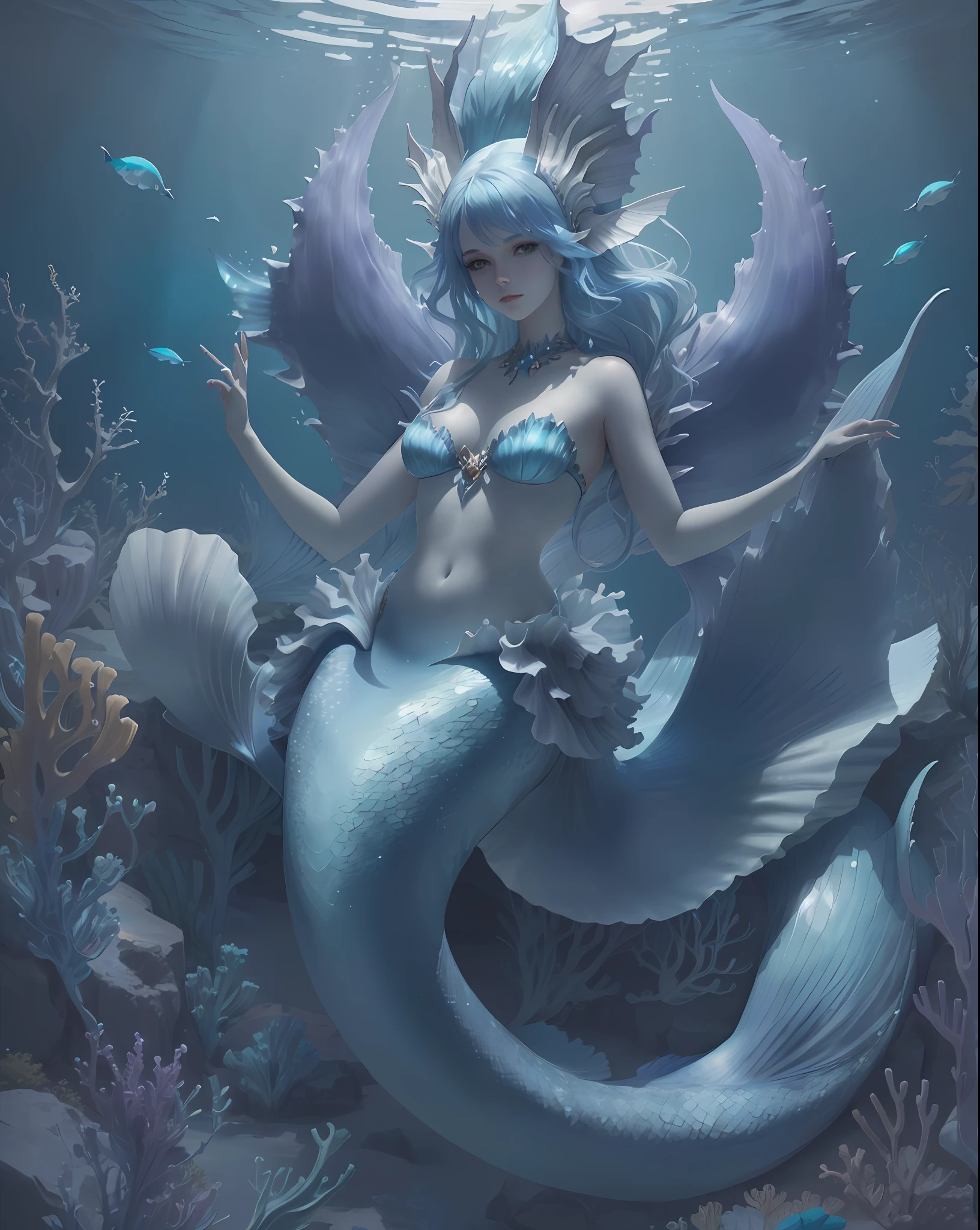 mermaid with blue hair and white body sitting on a rock, loish and wlop, goddess of the sea, goddess of the ocean, deviantart artstation cgscosiety, mermaid, portrait of mermaid queen, 8k high quality detailed art, detailed fanart, beautiful mermaid, inspired by WLOP, Artstation contest winner, commission for high res