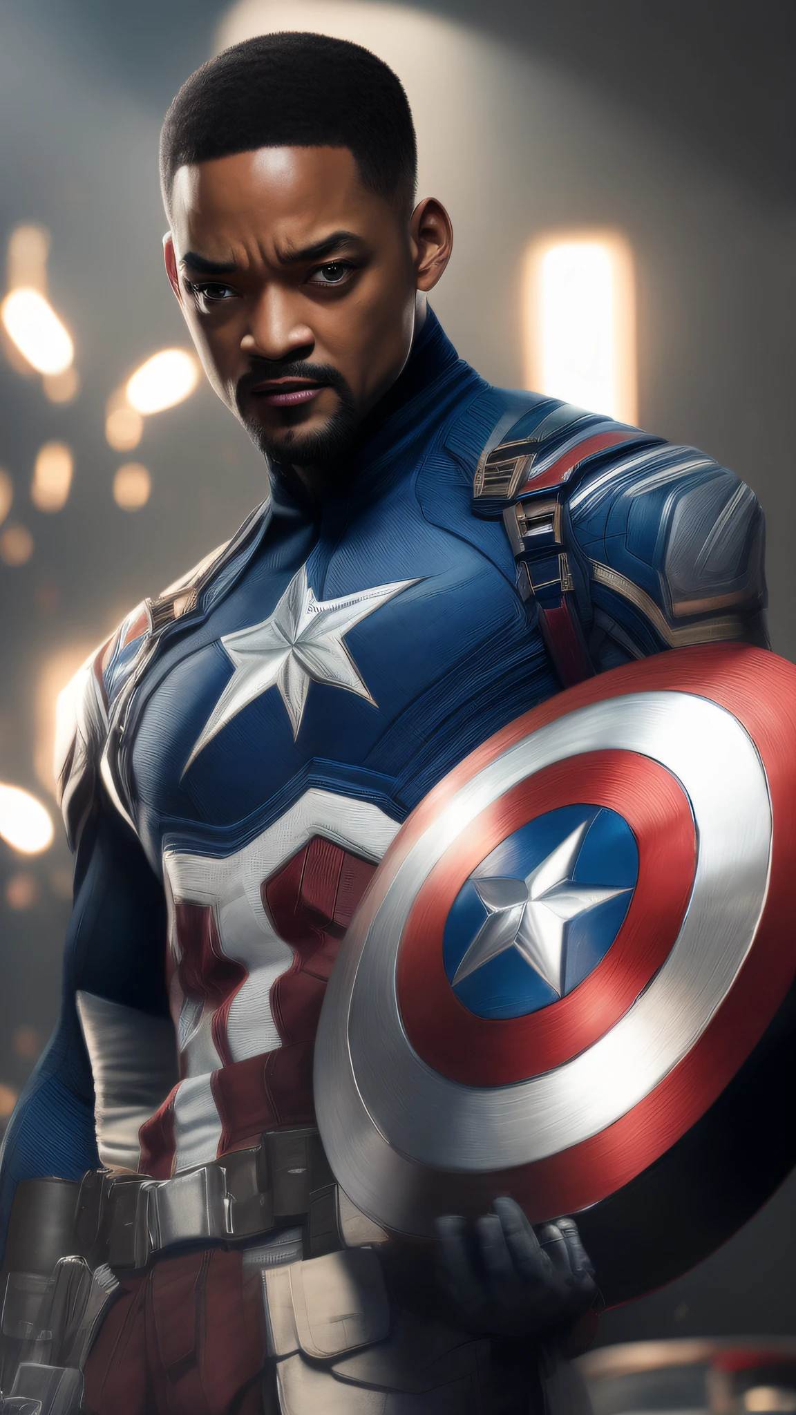 . .Tarantino style Will Smith as Captain America 8k, high definition, detailed face, detailed face, detailed eyes, detailed suit, in style of marvel and dc, hyper-realistic, + cinematic shot + dynamic composition, incredibly detailed, sharpen, details + superb details + evening with light + perfectionism + award winning realism ((moody lighting))