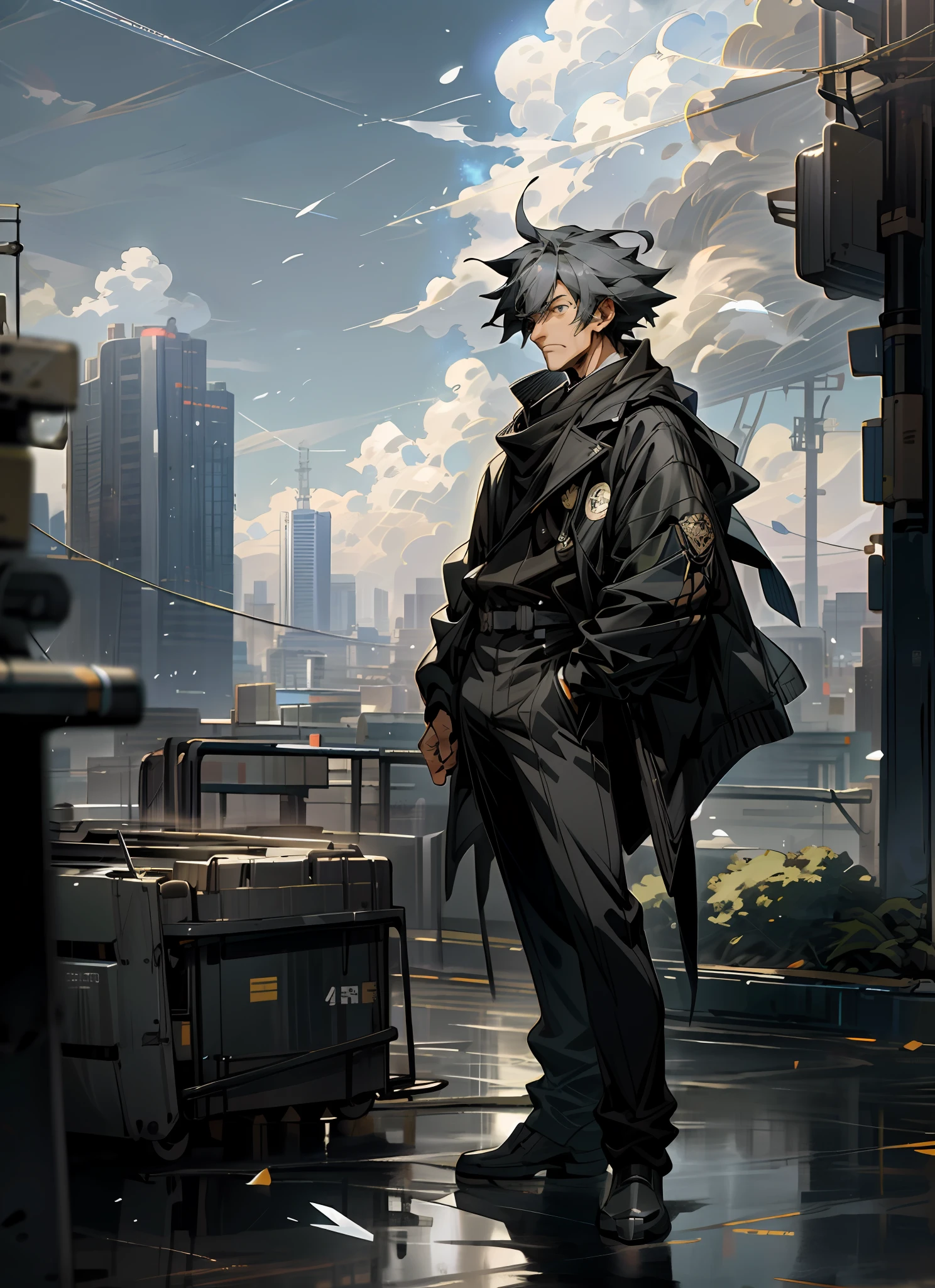 sky, clouds, holding_weapon, no_humans, glowing, , robot, building, glowing_eyes, mecha, science_fiction, city, realistic, mecha, brown military uniform anime old man with gray hair, 4k manga wallpaper, no text, Makoto Shinkai style, far away!!, far off, Makoto Shinkai. Digital rendering, Makoto Shinkai art style, shoulder visible, Gwise and Makoto Shinkai, full body view in the distance, old man, old man, first age, short hair