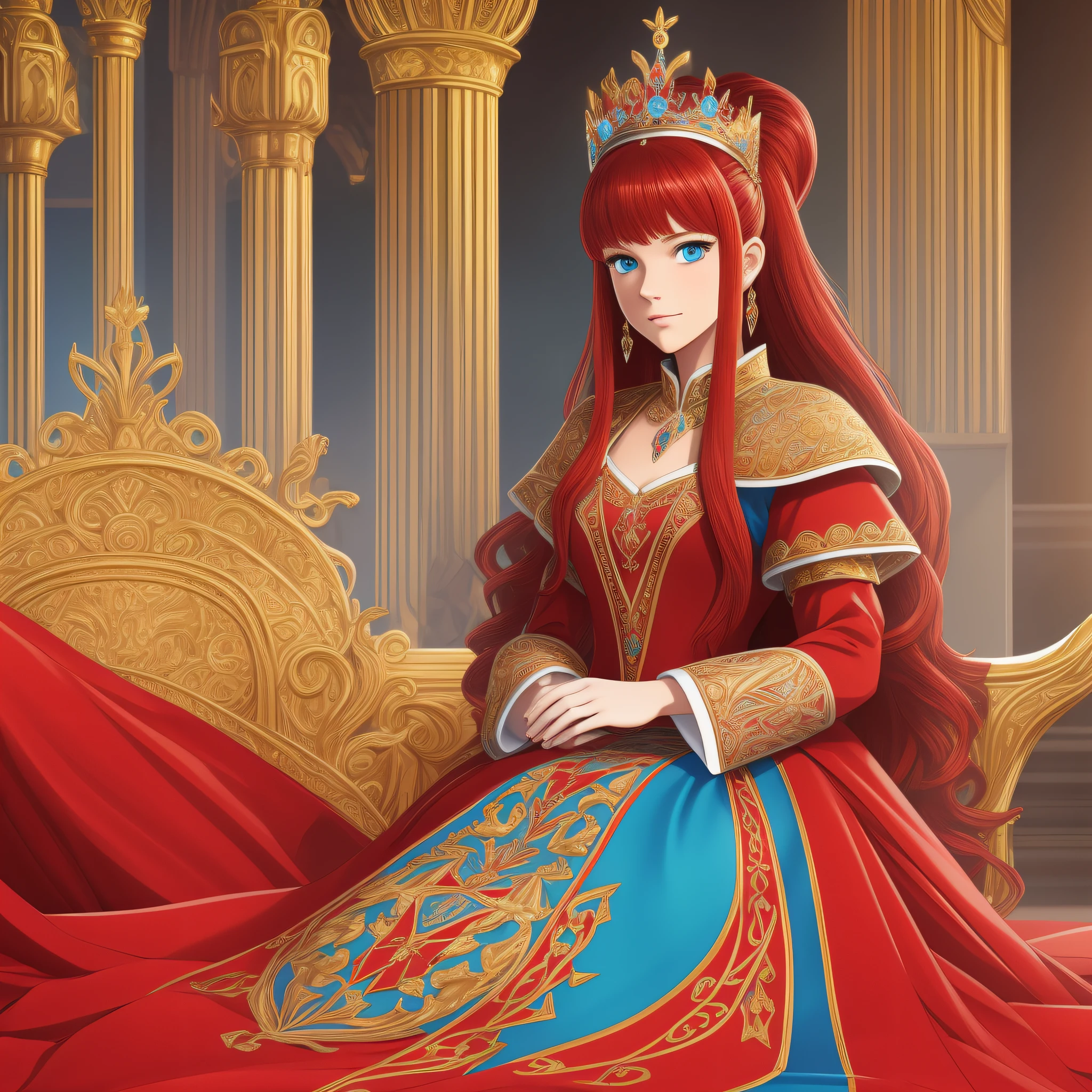 masterpiece), (best quality), (ultra detailed),(straight hair),(illustration), (2girl), (red princess clothes), standing, model,inside a castle, (interview), (background a woman red hair,blue eyes),being crowned, beautiful and delicate face, floating, (high saturation), (colorful splashes),sitting on the throne, (bright), focus on face, ponytail, long red hair, bangs,crown in hair, throne,queen, floating hair, (bright), better lighting, better shadow, --auto --s2