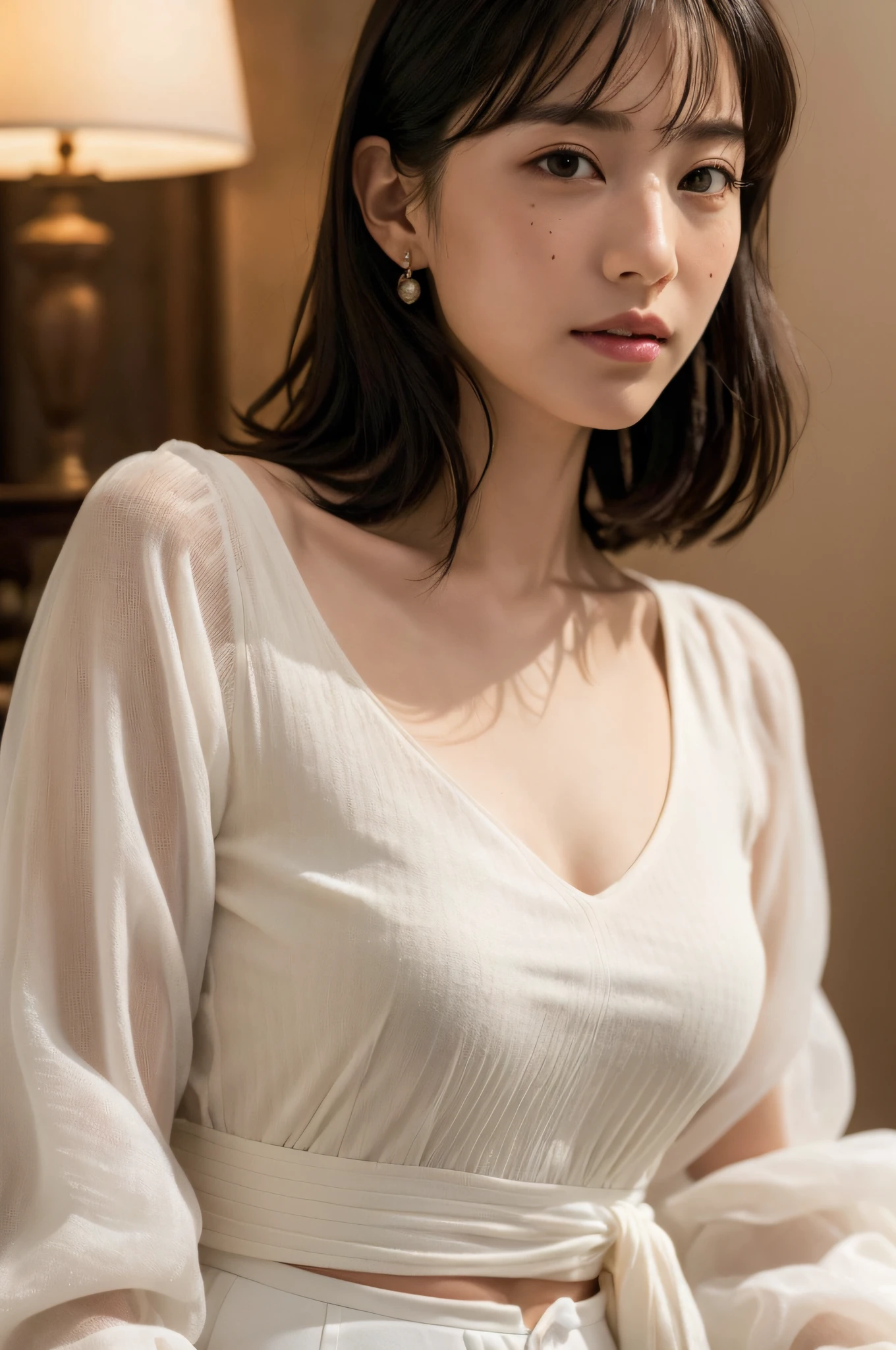 (8k, RAW photos, top quality, masterpieces: 1.2), super detail, ultra high resolution, (photorealistic, photorealistic photos: 1.37), portraits, high detail RAW color photos, professional photos, particle texture photos, very delicate and beautiful, very detailed, 8k wallpapers, amazingly detailed details, huge file size, official art, Highly detailed CG Unity 8k wallpaper, very detailed beautiful girl, highly detailed face, Very detailed eyes, very detailed skin, very detailed fingers, very detailed nose, very detailed mouth, perfect anatomy, very detailed background, very detailed clothes, 1 girl, (30 years old: 1.2), 30s, cute girl, realistic body, petite face pores, fine facial freckle marks, rough skin, slender body, handsome body, black hair, short hair, (bangs: 1.2), smile, cute, youth, cute face, realistic face, delicate eyes, drooping eyes, unbuttoned white blouse, brazier, very short yellow skirt, earrings, viewer view, cowboy shot, facing forward, standing pose, contrapposto, dynamic lighting, very large breasts, cowboy shot