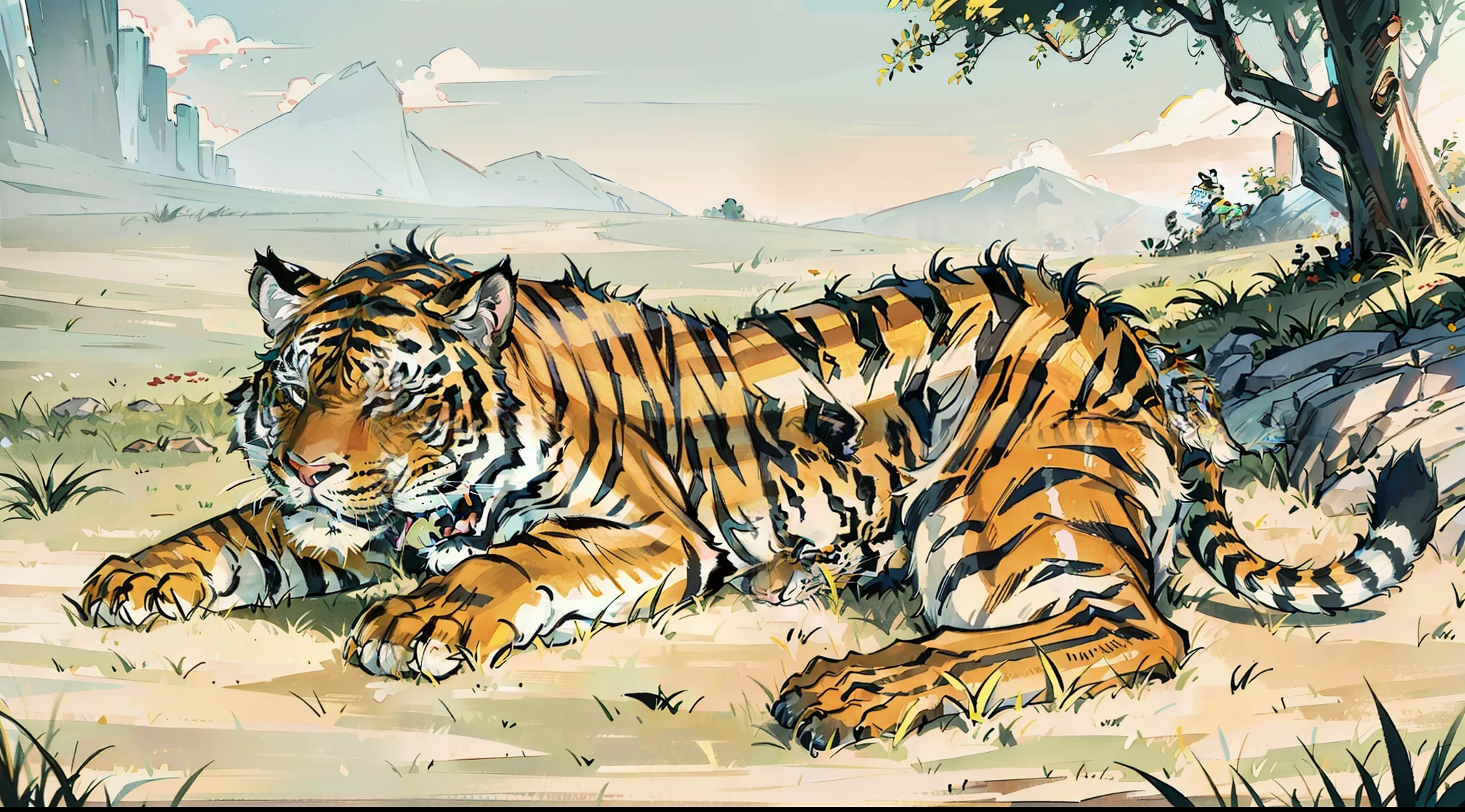 Cute little tiger, sleeping on the grass, tiger close-up, detailed tiger,