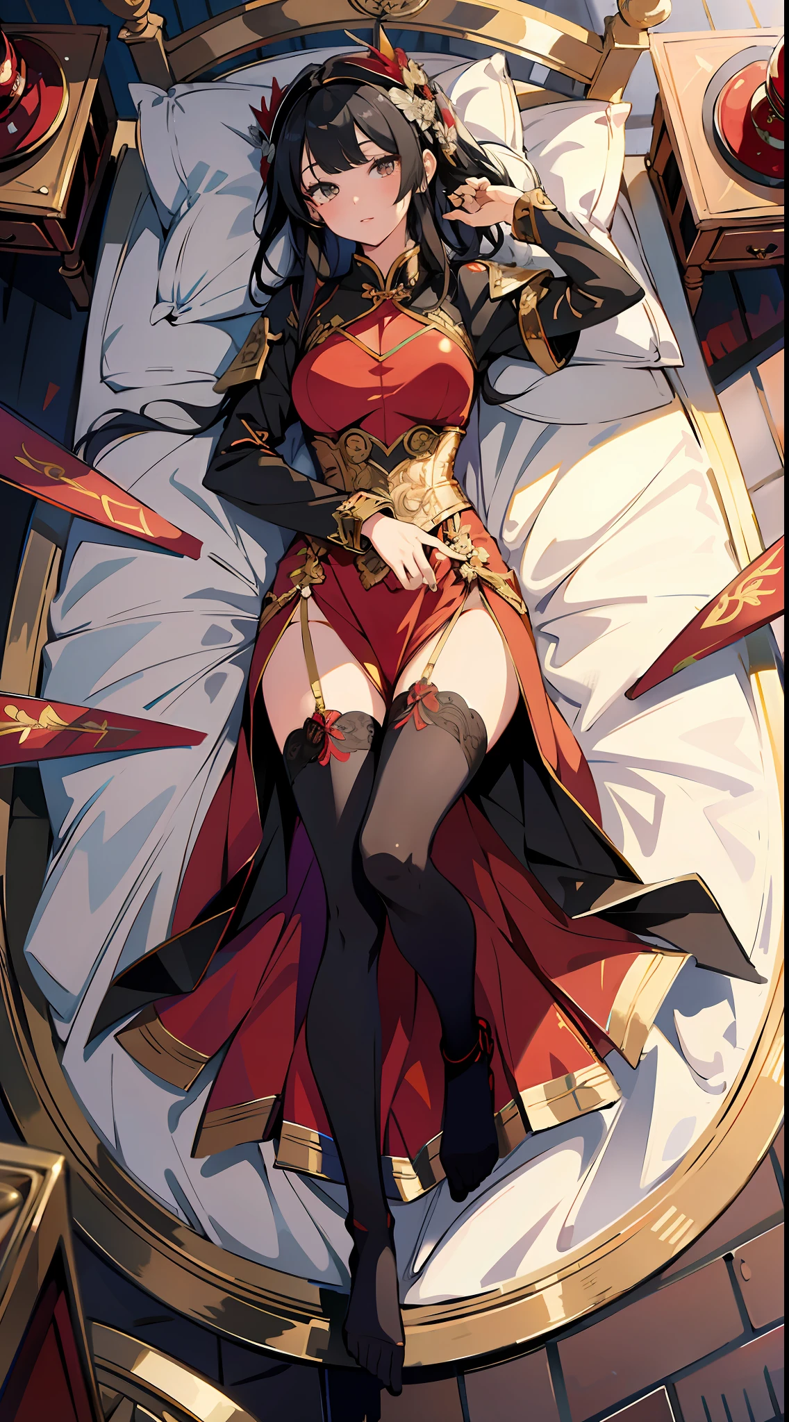 absurd res, high res, (masterpiece:1.4), ultra-detailed, 2girsl, from above, space, floating, Chinese dress, red Chinese dress, stockings, black hair, golden eyes, focus on face, spreading legs, full body, laying on bed, laying on back, laying down, looking forward,