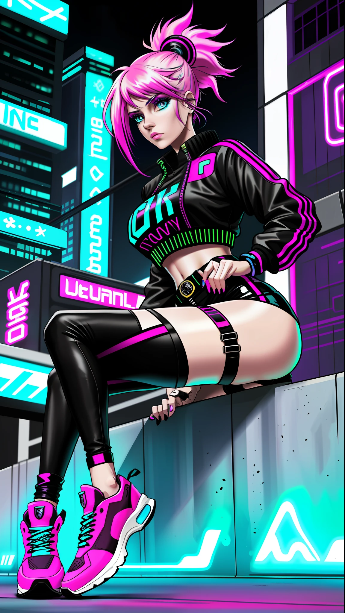 8K Woman With Neon Future City Shoe Outfit Beautiful Punk Hair