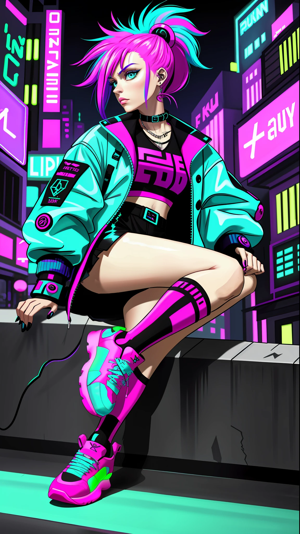 8K Woman With Neon Future City Shoe Outfit Beautiful Punk Hair