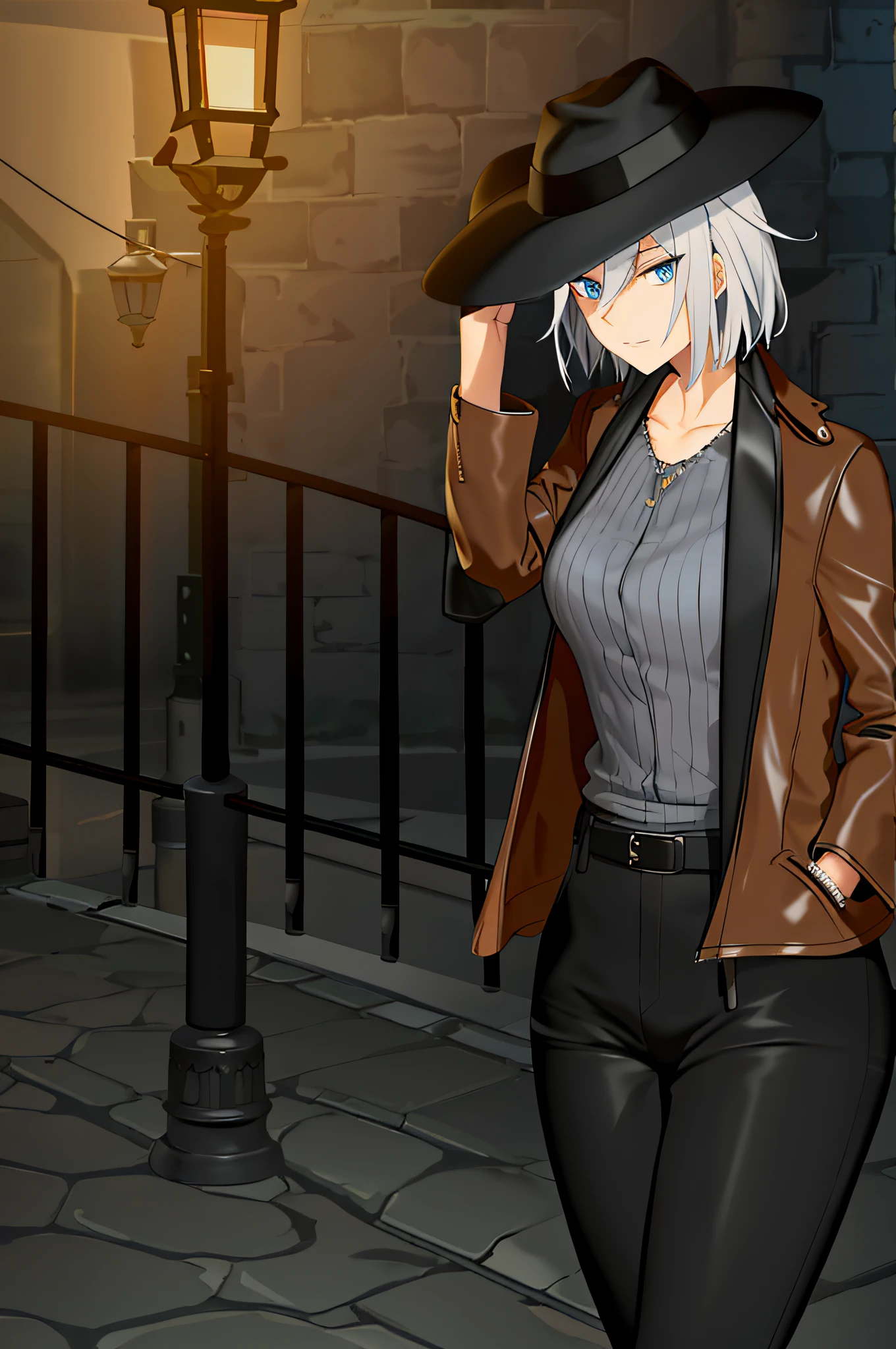 (Oil painting anime). There is a woman standing in the dark at night with a hat, an angry age assassin, eyes closed, blue eyes, brown leather jacket, gray shirt, black pants, black belt, in a dark cobblestone alley with mist on the ground next to an old lamppost, an ancient iron fence behind, unknown art style, woman master of time, inspired by Li Chevalier, short silver hair, random background scene, 2 b, 2b, black hat, standing in a dark alley. 64k quality, detailed manga eyes, detailed hair, detailed clothes, detailed body, cleaner designs, detailed face, shiny objects like jewels, see creases on clothes, more coherent clothing, more rounded eyes transparent liquid globular, more pronounced colors, more coherent clothing, correct the features of the clothes, better eyes contour, better shoulders, really colorful, coarser line, black line, finishing . (coarser line) (black line) (homogeneous rendering: 1.3)