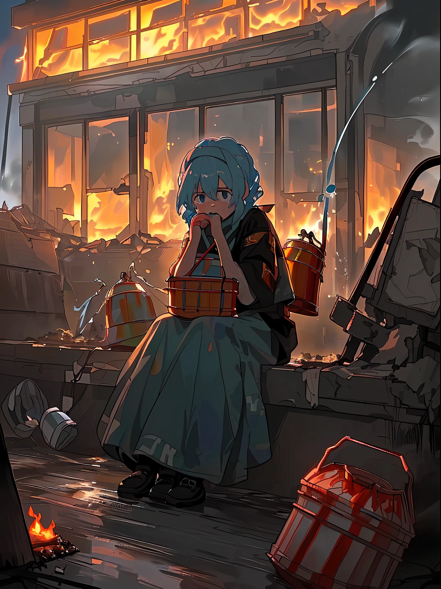 ((Woman sitting in the street feeling cold crying, teary hinged eyes, sadness cute face 🥺 )), the background of ((a burnt flat ruined and an ambulance, p((olice people turning to extinguish the fire with water buckets, night, police lights, smoke outside the destroyed house, flames))