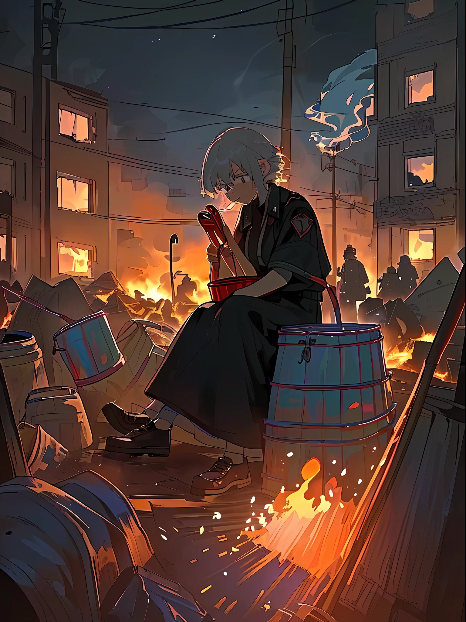 ((Woman sitting in the street feeling cold crying, teary hinged eyes, sadness cute face 🥺 )), the background of ((a burnt flat ruined and an ambulance, p((olice people turning to extinguish the fire with water buckets, night, police lights, smoke outside the destroyed house, flames))